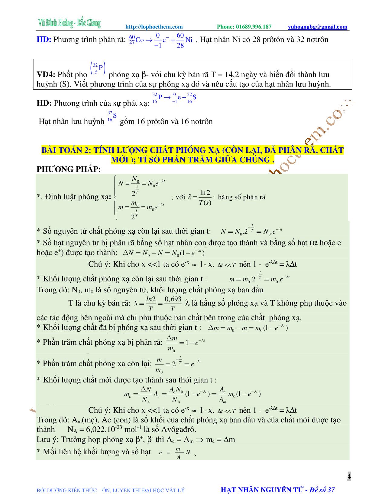 Tài liệu luyện thi THPT Quốc gia môn Vật lý - Chương 9, Chủ đề 2: Phóng xạ tự nhiên - Vũ Đình Hoàng trang 4