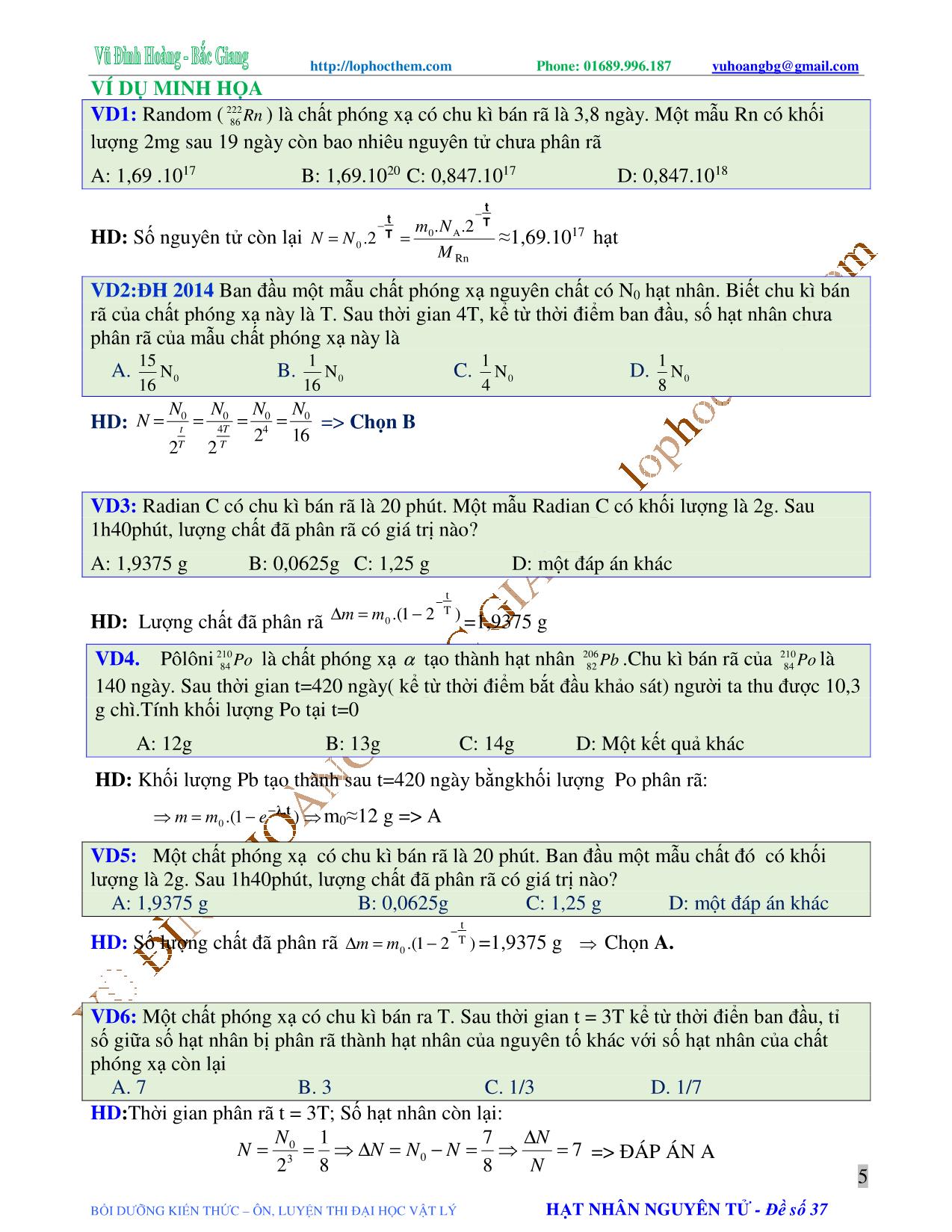 Tài liệu luyện thi THPT Quốc gia môn Vật lý - Chương 9, Chủ đề 2: Phóng xạ tự nhiên - Vũ Đình Hoàng trang 5