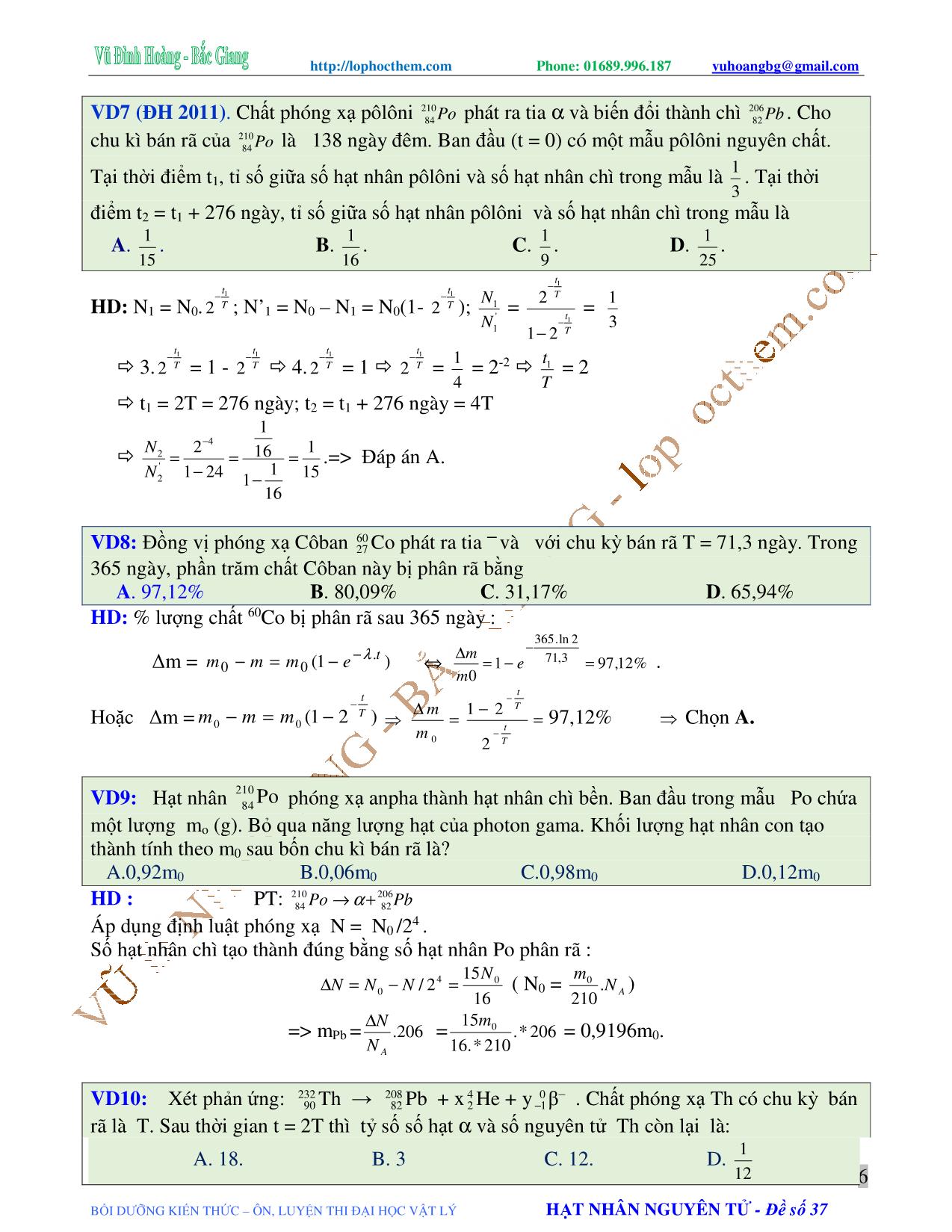 Tài liệu luyện thi THPT Quốc gia môn Vật lý - Chương 9, Chủ đề 2: Phóng xạ tự nhiên - Vũ Đình Hoàng trang 6