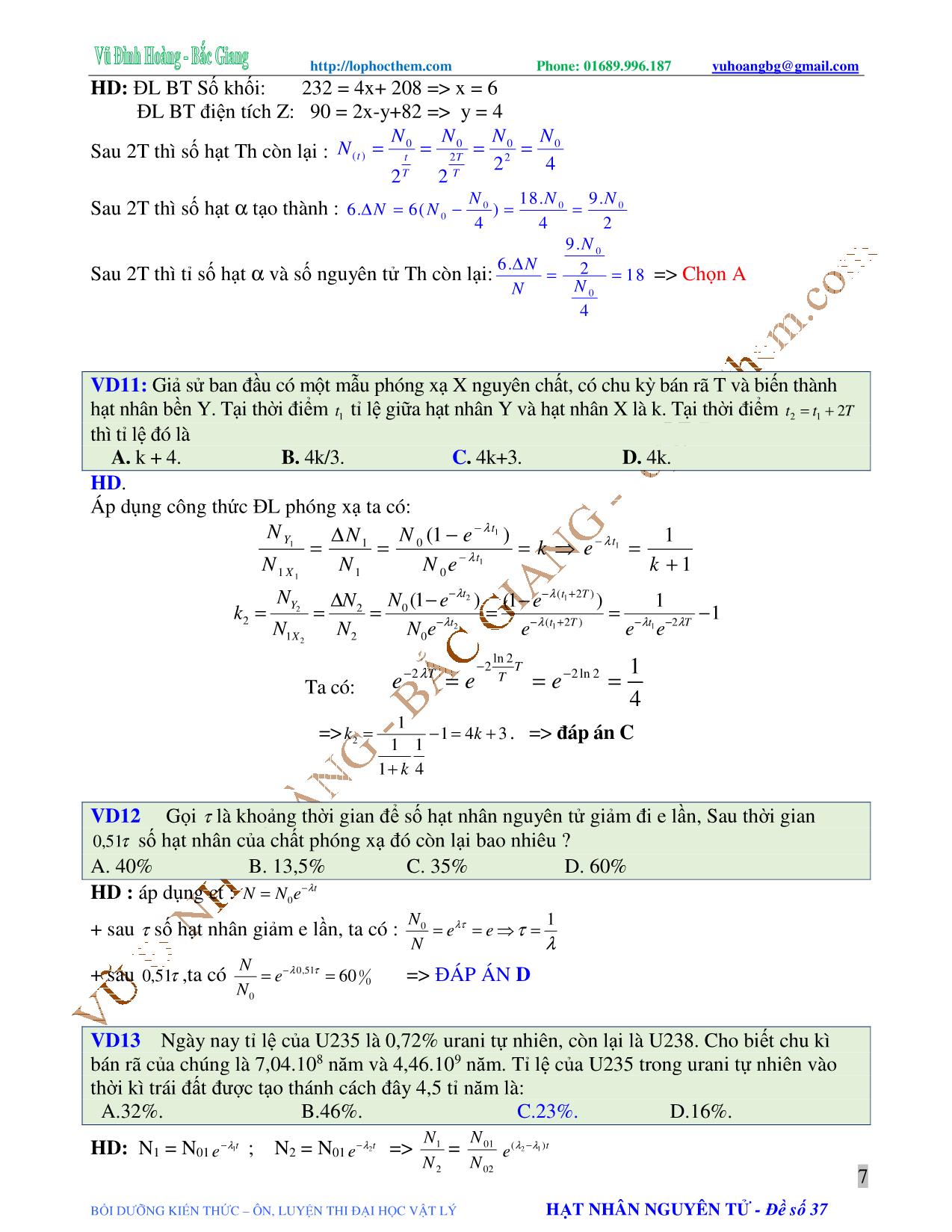 Tài liệu luyện thi THPT Quốc gia môn Vật lý - Chương 9, Chủ đề 2: Phóng xạ tự nhiên - Vũ Đình Hoàng trang 7