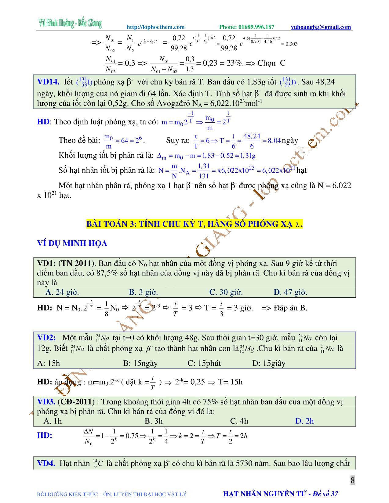 Tài liệu luyện thi THPT Quốc gia môn Vật lý - Chương 9, Chủ đề 2: Phóng xạ tự nhiên - Vũ Đình Hoàng trang 8