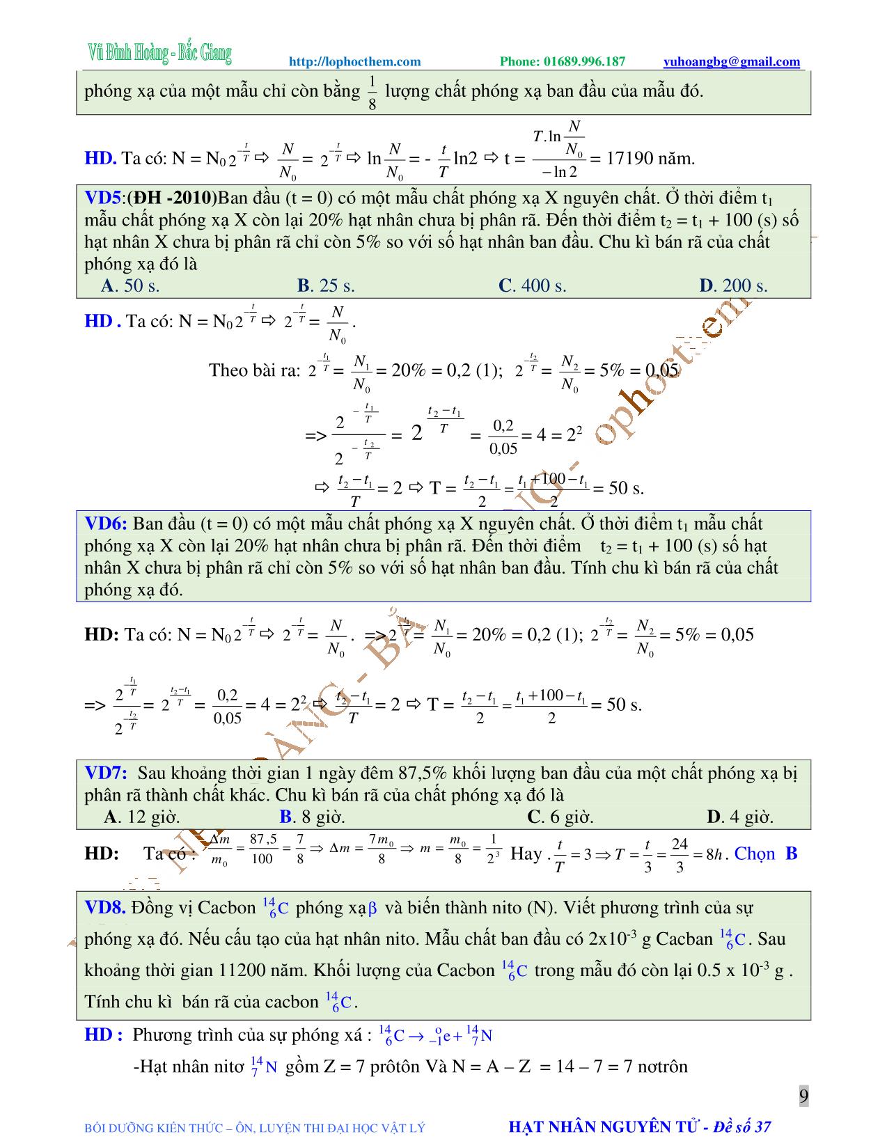 Tài liệu luyện thi THPT Quốc gia môn Vật lý - Chương 9, Chủ đề 2: Phóng xạ tự nhiên - Vũ Đình Hoàng trang 9