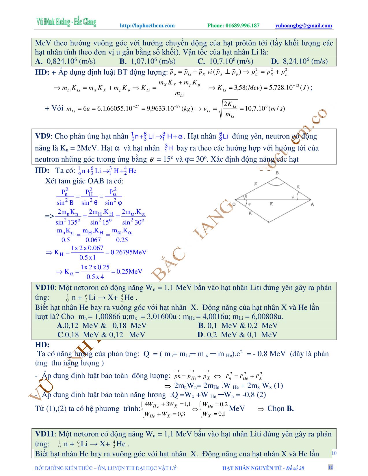 Tài liệu luyện thi THPT Quốc gia môn Vật lý - Chương 9, Chủ đề 3: Phản ứng hạt nhân - Vũ Đình Hoàng trang 10