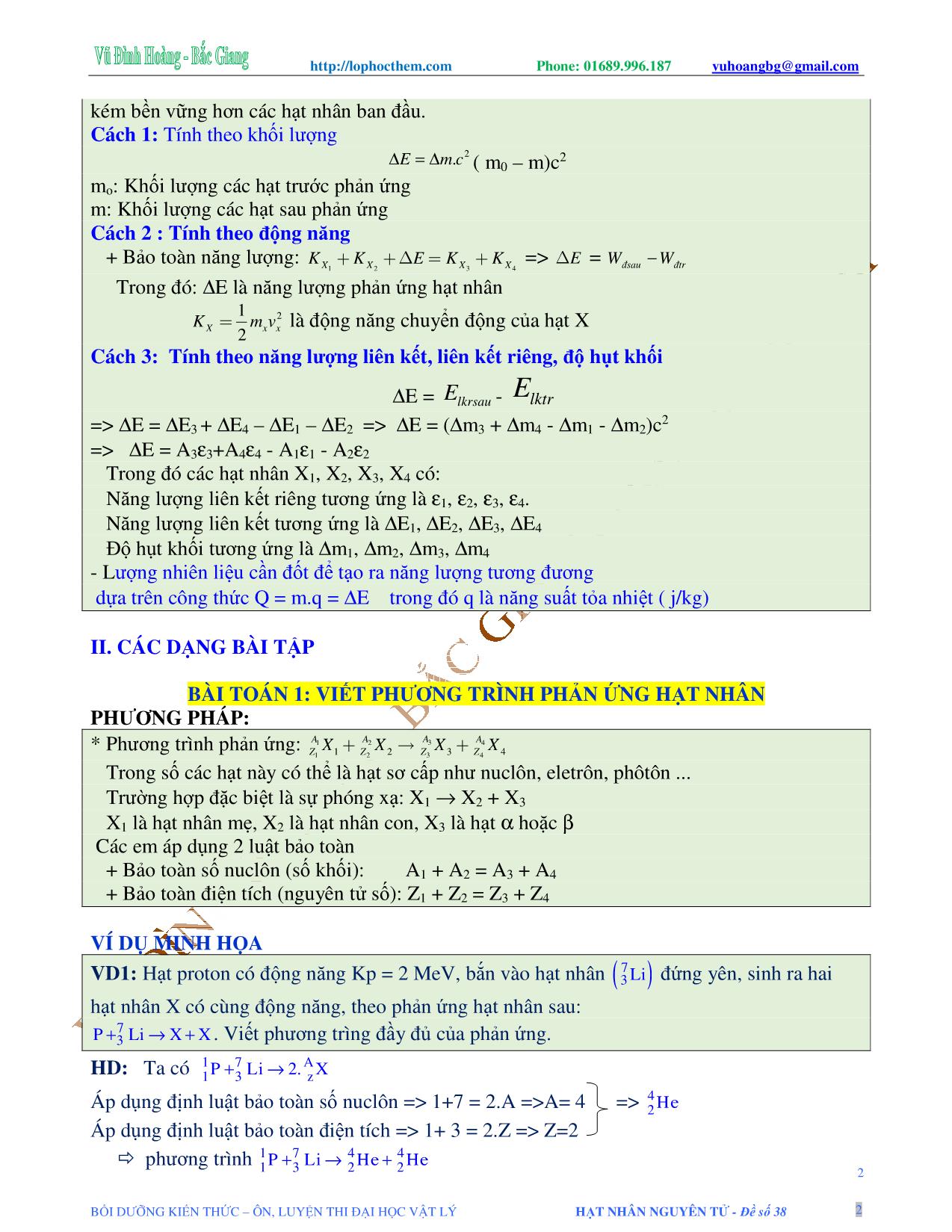 Tài liệu luyện thi THPT Quốc gia môn Vật lý - Chương 9, Chủ đề 3: Phản ứng hạt nhân - Vũ Đình Hoàng trang 2