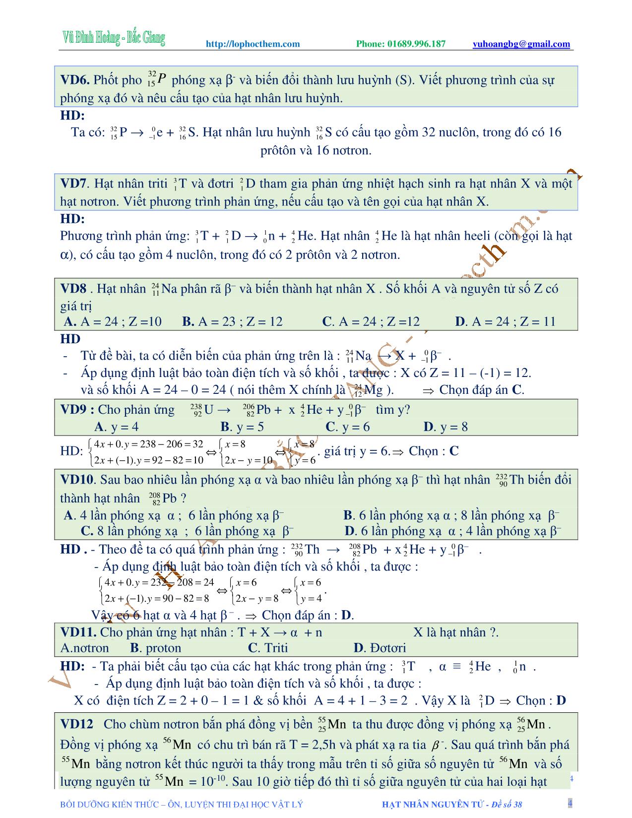 Tài liệu luyện thi THPT Quốc gia môn Vật lý - Chương 9, Chủ đề 3: Phản ứng hạt nhân - Vũ Đình Hoàng trang 4
