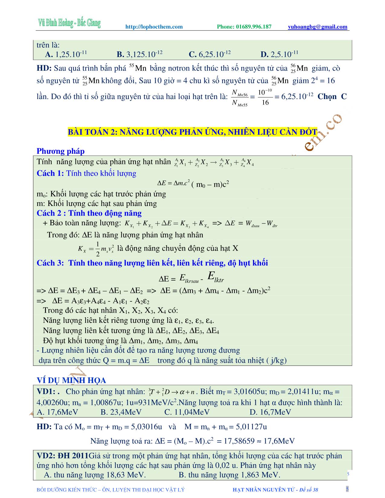 Tài liệu luyện thi THPT Quốc gia môn Vật lý - Chương 9, Chủ đề 3: Phản ứng hạt nhân - Vũ Đình Hoàng trang 5