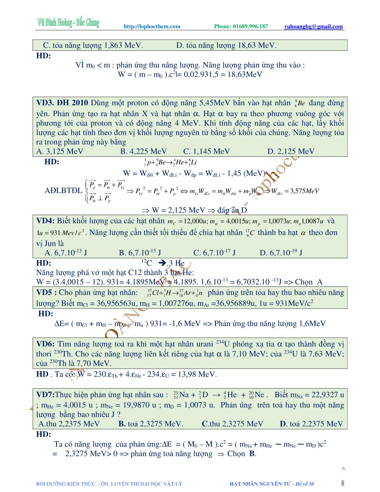Tài liệu luyện thi THPT Quốc gia môn Vật lý - Chương 9, Chủ đề 3: Phản ứng hạt nhân - Vũ Đình Hoàng trang 6