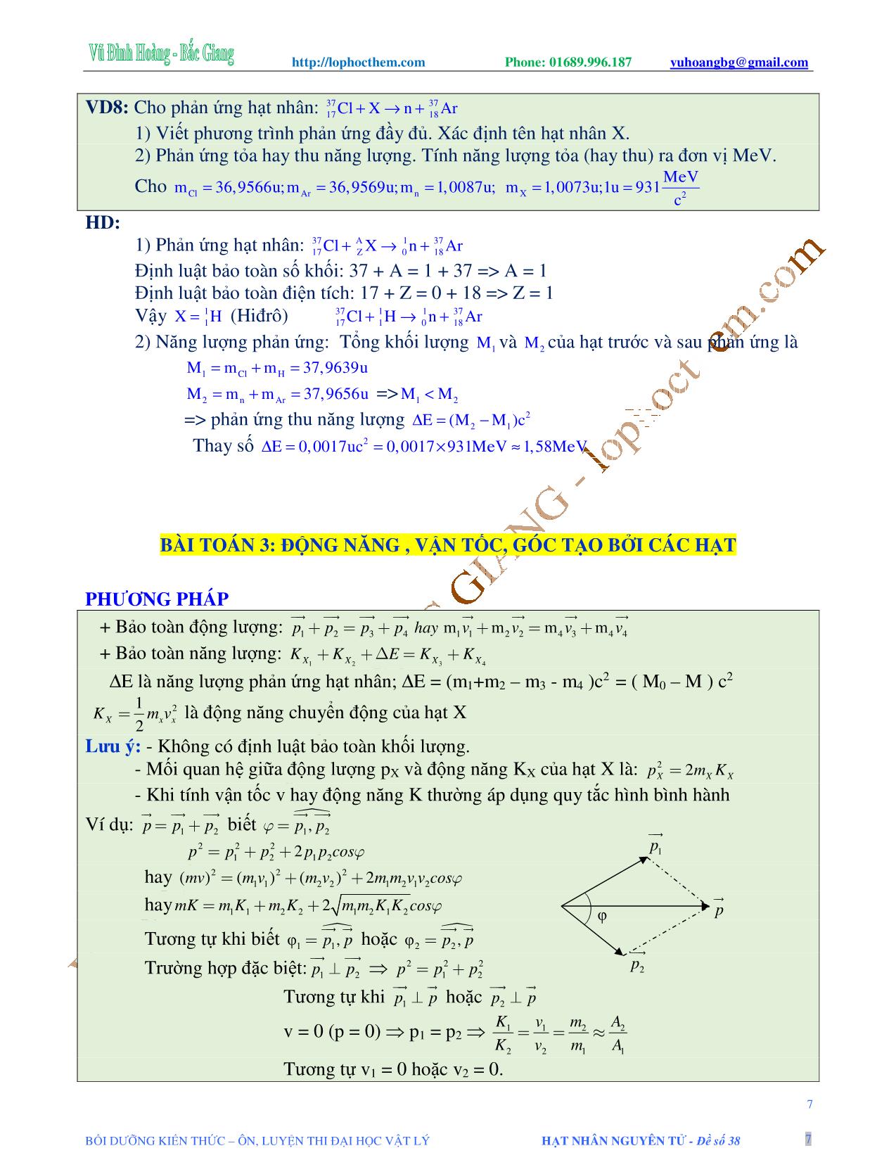 Tài liệu luyện thi THPT Quốc gia môn Vật lý - Chương 9, Chủ đề 3: Phản ứng hạt nhân - Vũ Đình Hoàng trang 7