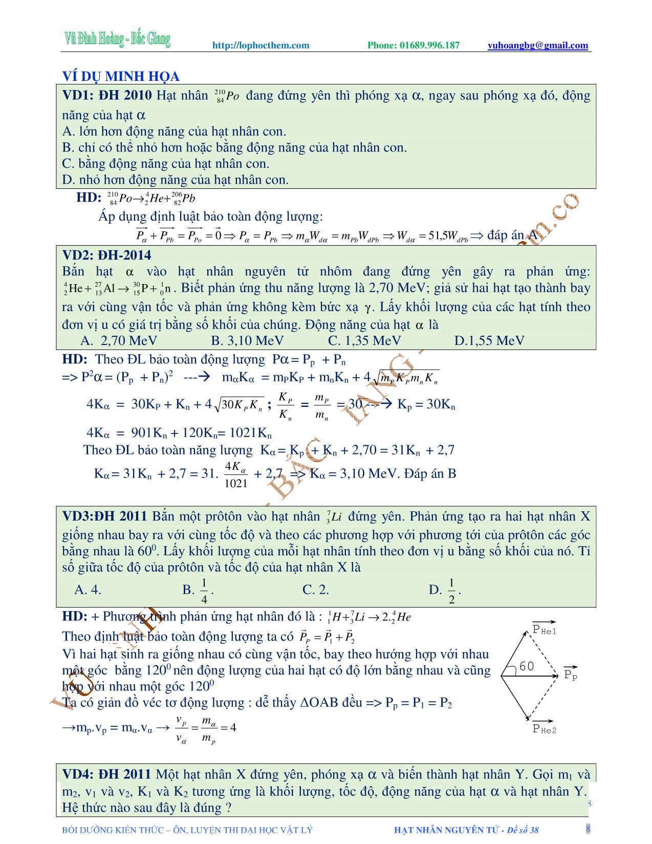 Tài liệu luyện thi THPT Quốc gia môn Vật lý - Chương 9, Chủ đề 3: Phản ứng hạt nhân - Vũ Đình Hoàng trang 8