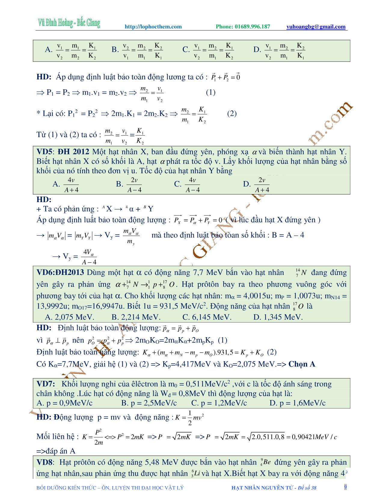 Tài liệu luyện thi THPT Quốc gia môn Vật lý - Chương 9, Chủ đề 3: Phản ứng hạt nhân - Vũ Đình Hoàng trang 9