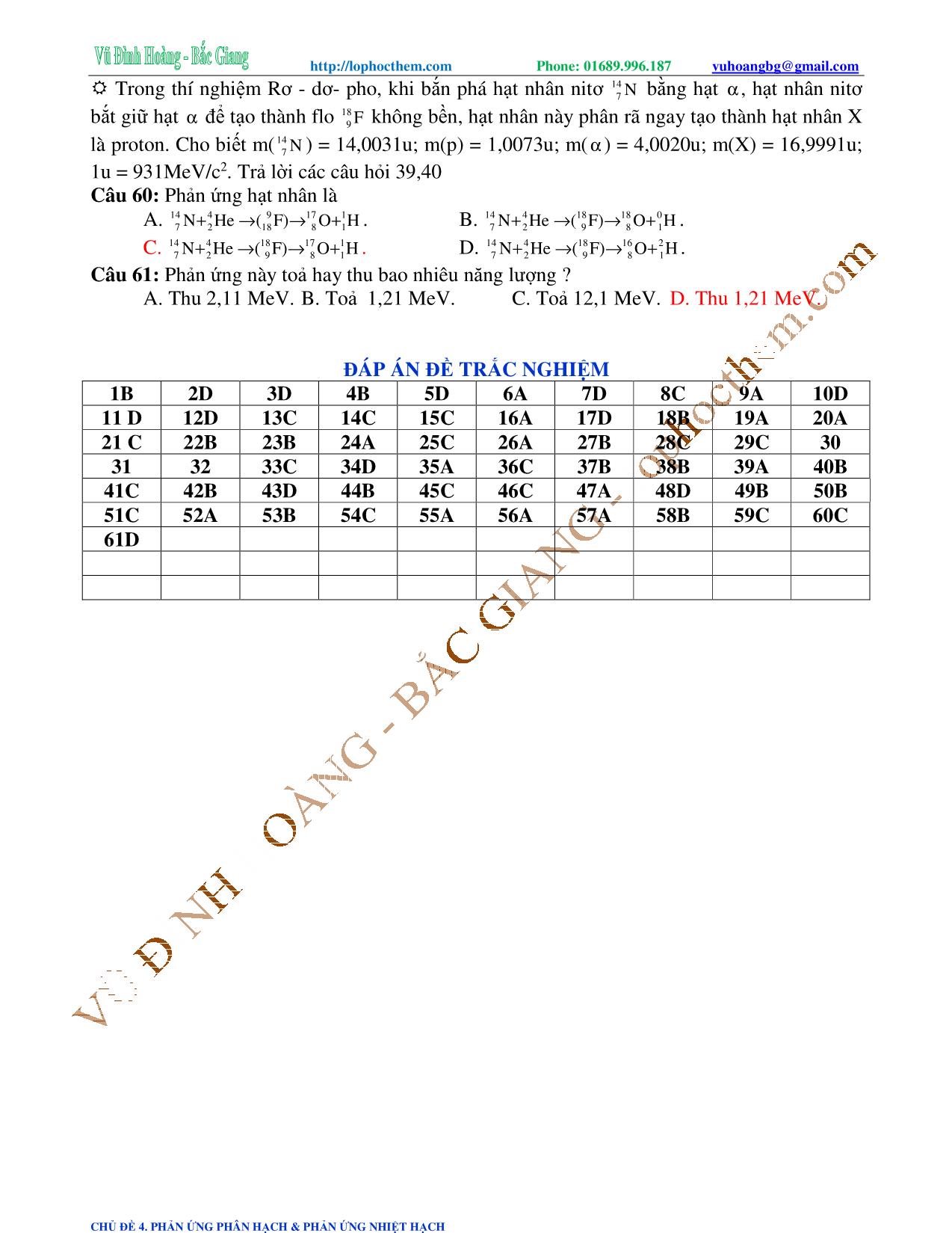 Tài liệu luyện thi THPT Quốc gia môn Vật lý - Chương 9, Chủ đề 4: Phản ứng phân hạch & phản ứng nhiệt - Vũ Đình Hoàng trang 10