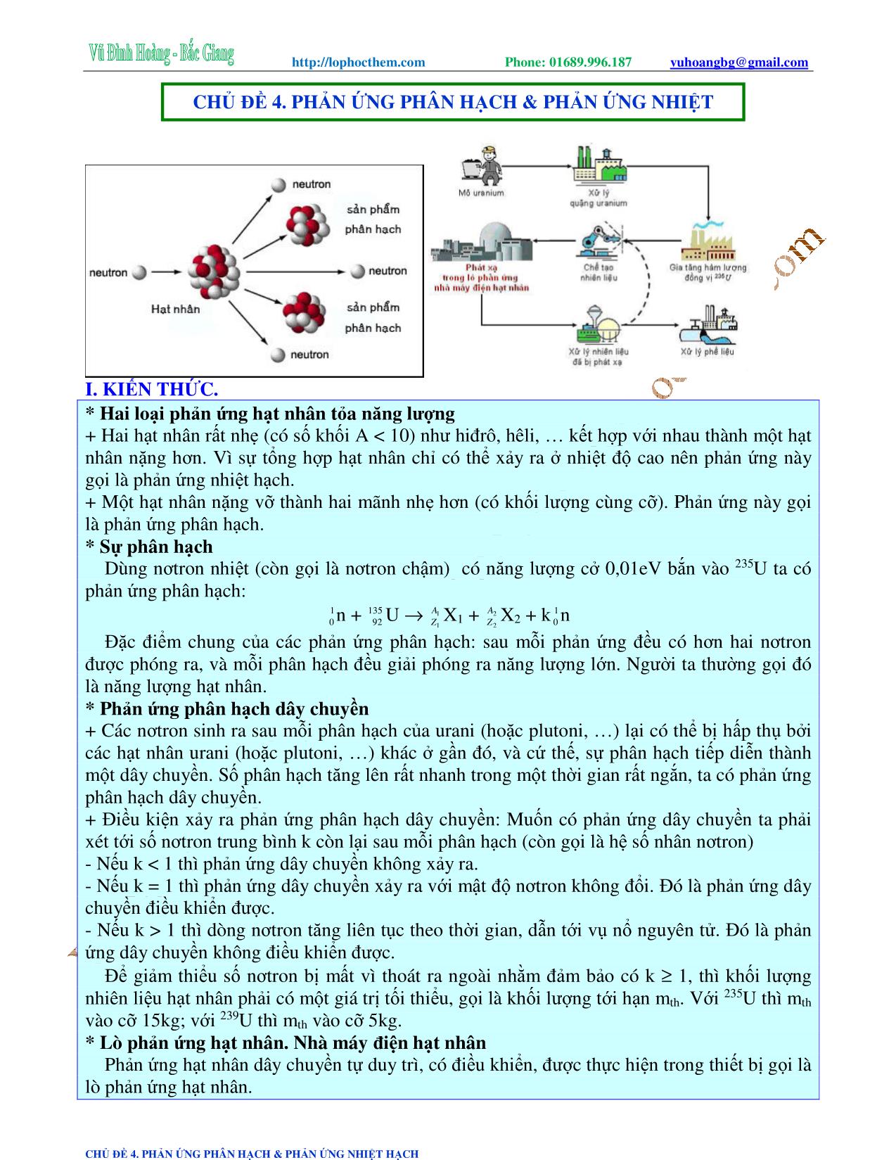 Tài liệu luyện thi THPT Quốc gia môn Vật lý - Chương 9, Chủ đề 4: Phản ứng phân hạch & phản ứng nhiệt - Vũ Đình Hoàng trang 1