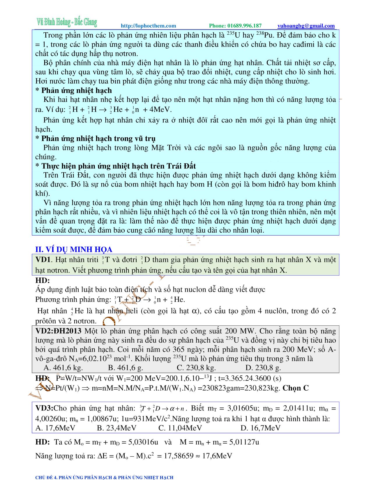 Tài liệu luyện thi THPT Quốc gia môn Vật lý - Chương 9, Chủ đề 4: Phản ứng phân hạch & phản ứng nhiệt - Vũ Đình Hoàng trang 2