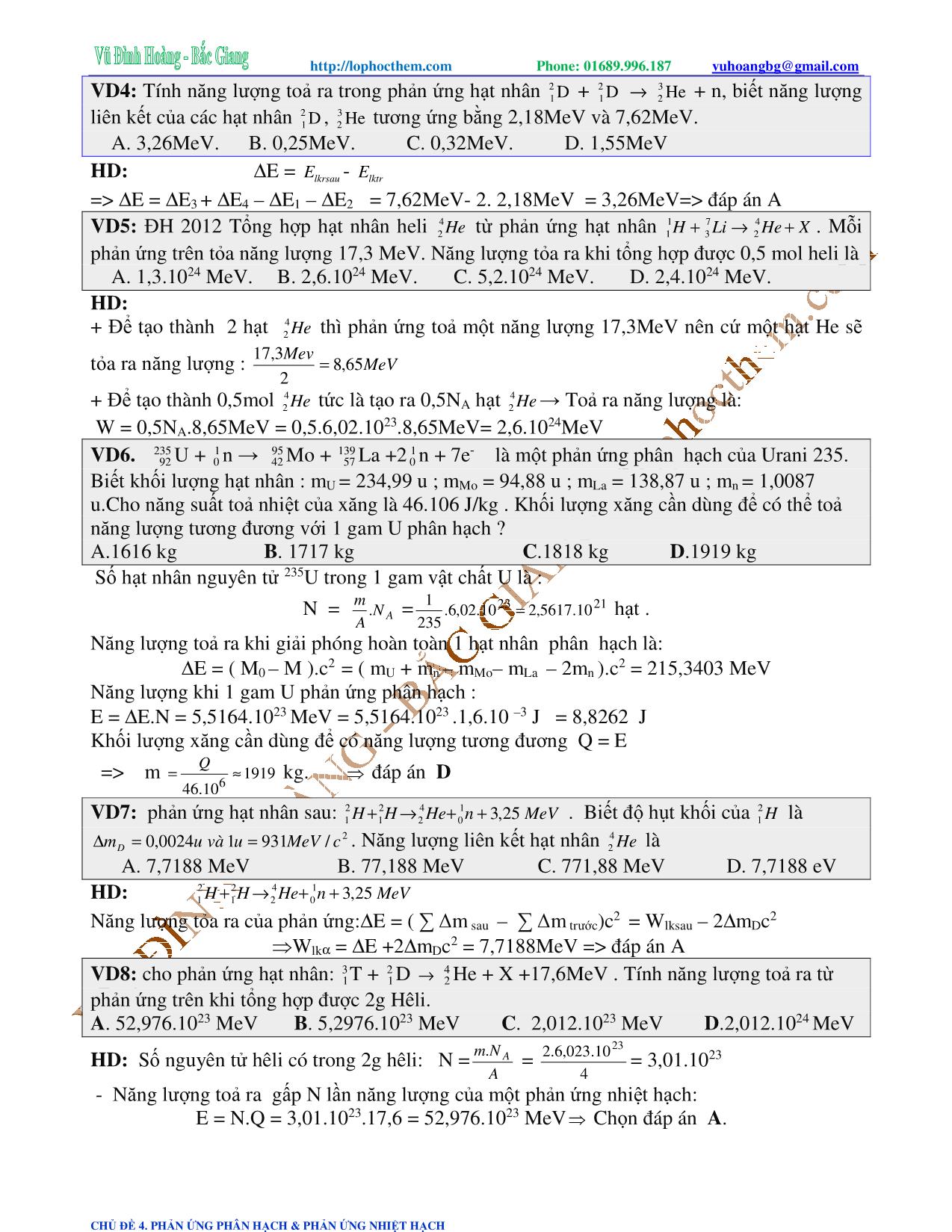 Tài liệu luyện thi THPT Quốc gia môn Vật lý - Chương 9, Chủ đề 4: Phản ứng phân hạch & phản ứng nhiệt - Vũ Đình Hoàng trang 3