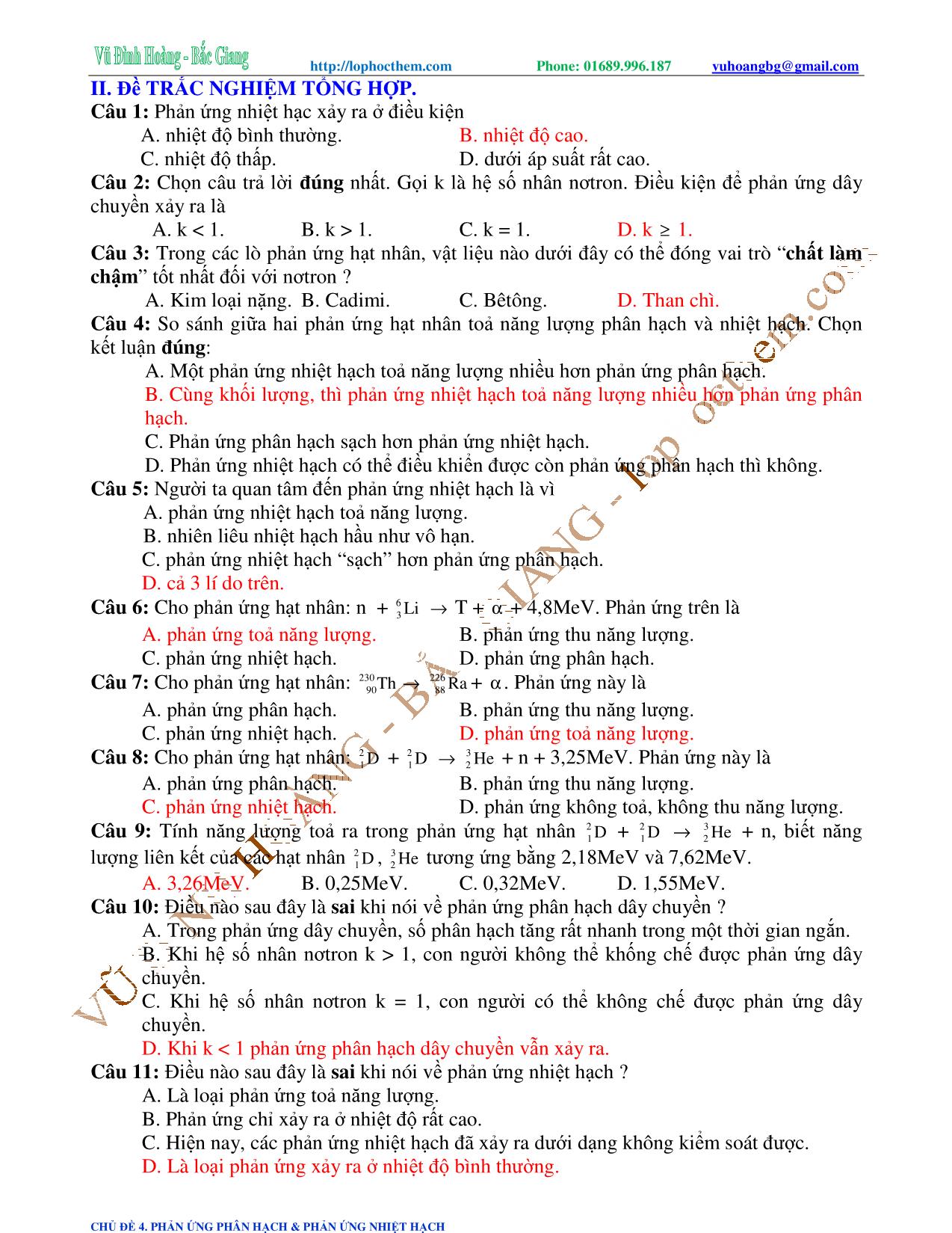 Tài liệu luyện thi THPT Quốc gia môn Vật lý - Chương 9, Chủ đề 4: Phản ứng phân hạch & phản ứng nhiệt - Vũ Đình Hoàng trang 4