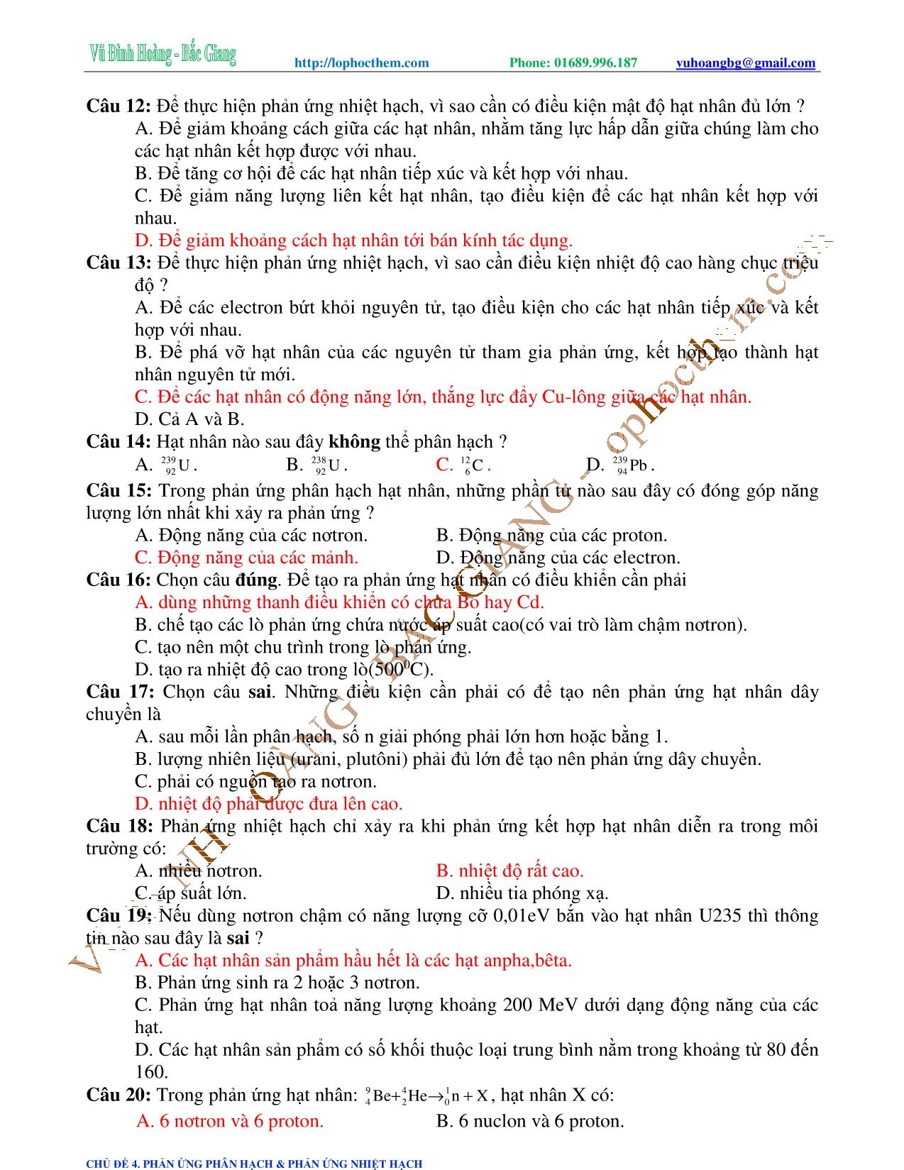 Tài liệu luyện thi THPT Quốc gia môn Vật lý - Chương 9, Chủ đề 4: Phản ứng phân hạch & phản ứng nhiệt - Vũ Đình Hoàng trang 5