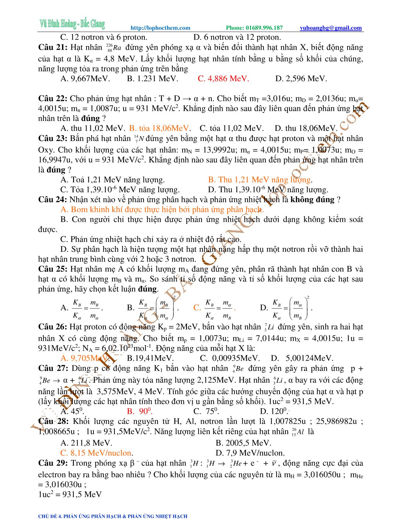 Tài liệu luyện thi THPT Quốc gia môn Vật lý - Chương 9, Chủ đề 4: Phản ứng phân hạch & phản ứng nhiệt - Vũ Đình Hoàng trang 6