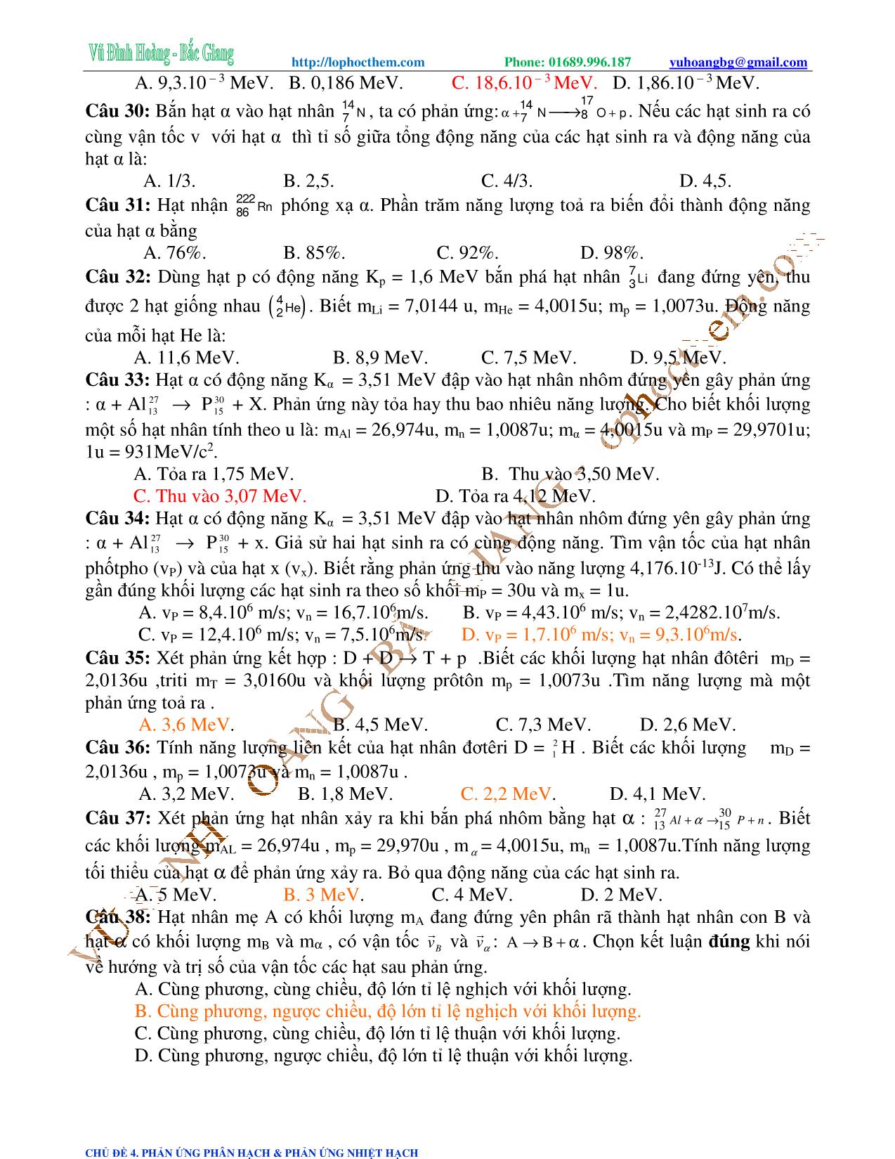 Tài liệu luyện thi THPT Quốc gia môn Vật lý - Chương 9, Chủ đề 4: Phản ứng phân hạch & phản ứng nhiệt - Vũ Đình Hoàng trang 7