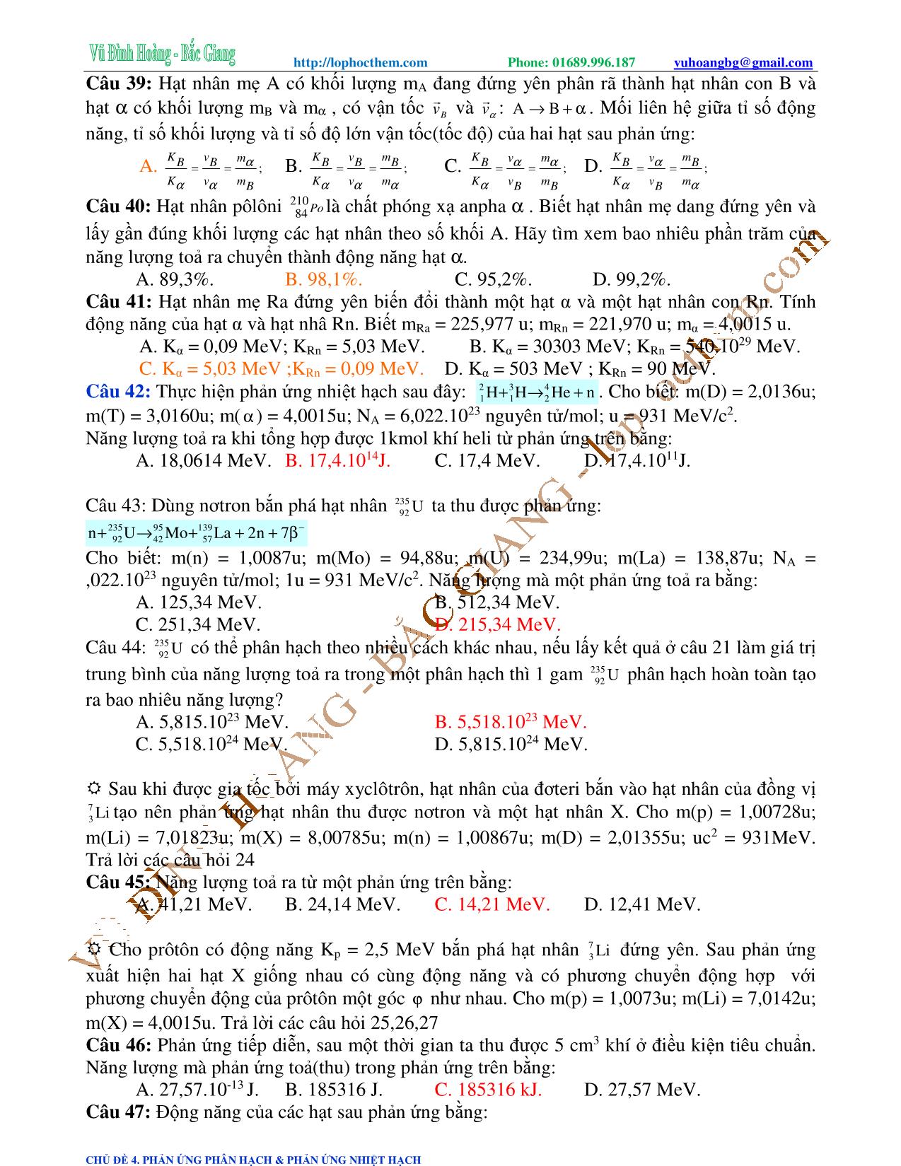 Tài liệu luyện thi THPT Quốc gia môn Vật lý - Chương 9, Chủ đề 4: Phản ứng phân hạch & phản ứng nhiệt - Vũ Đình Hoàng trang 8
