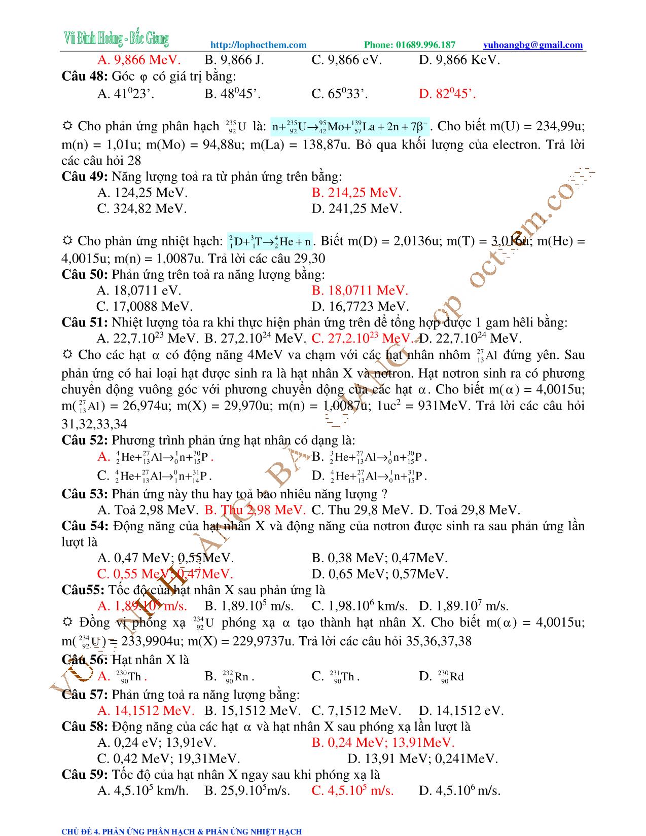 Tài liệu luyện thi THPT Quốc gia môn Vật lý - Chương 9, Chủ đề 4: Phản ứng phân hạch & phản ứng nhiệt - Vũ Đình Hoàng trang 9