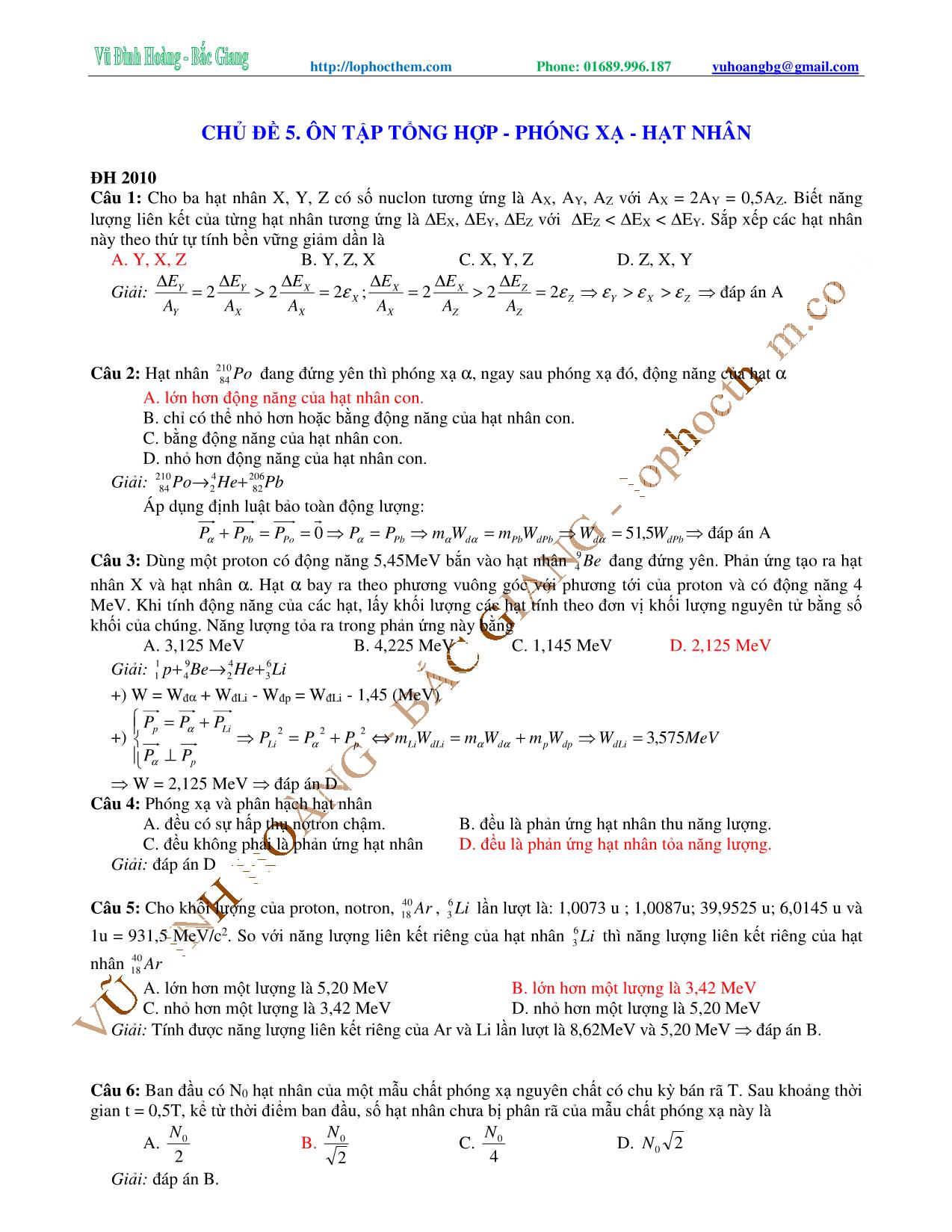 Tài liệu luyện thi THPT Quốc gia môn Vật lý - Chương 9, Chủ đề 5: Ôn tập tổng hợp Phóng xạ & hạt nhân - Vũ Đình Hoàng trang 1