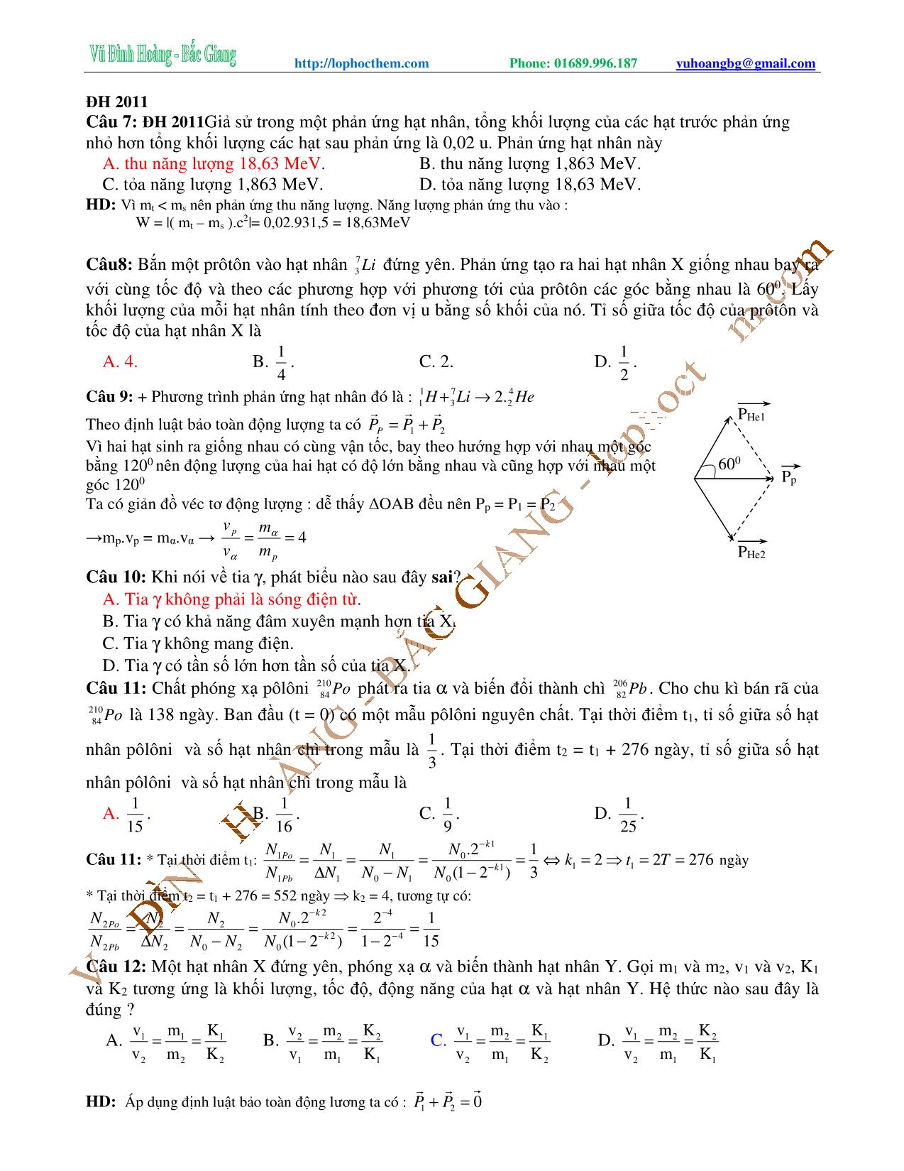 Tài liệu luyện thi THPT Quốc gia môn Vật lý - Chương 9, Chủ đề 5: Ôn tập tổng hợp Phóng xạ & hạt nhân - Vũ Đình Hoàng trang 2