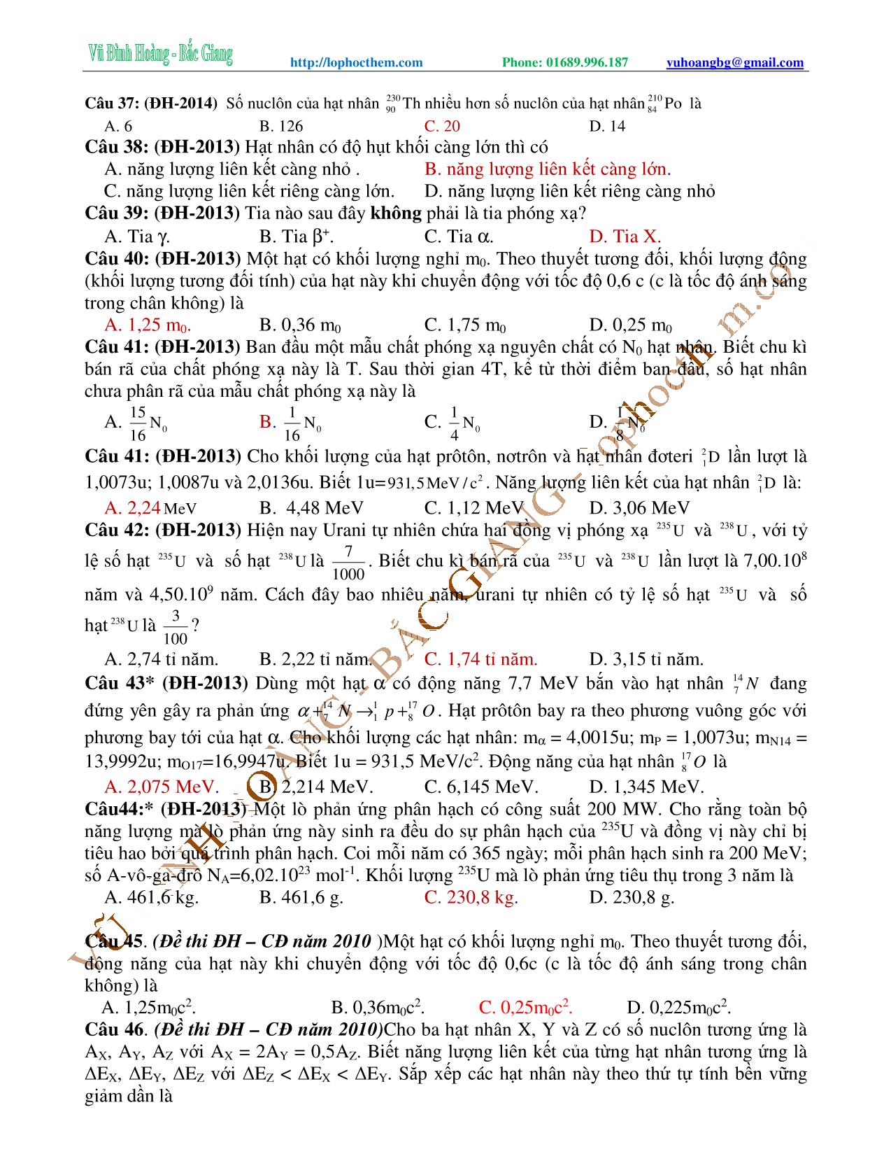 Tài liệu luyện thi THPT Quốc gia môn Vật lý - Chương 9, Chủ đề 5: Ôn tập tổng hợp Phóng xạ & hạt nhân - Vũ Đình Hoàng trang 6