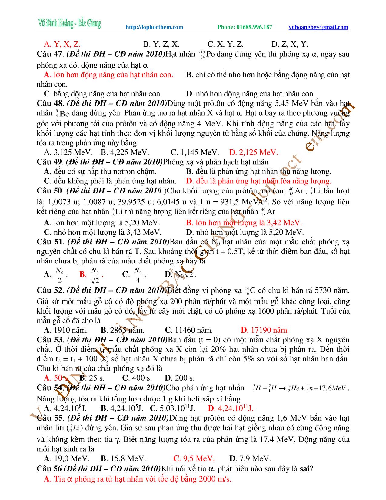 Tài liệu luyện thi THPT Quốc gia môn Vật lý - Chương 9, Chủ đề 5: Ôn tập tổng hợp Phóng xạ & hạt nhân - Vũ Đình Hoàng trang 7