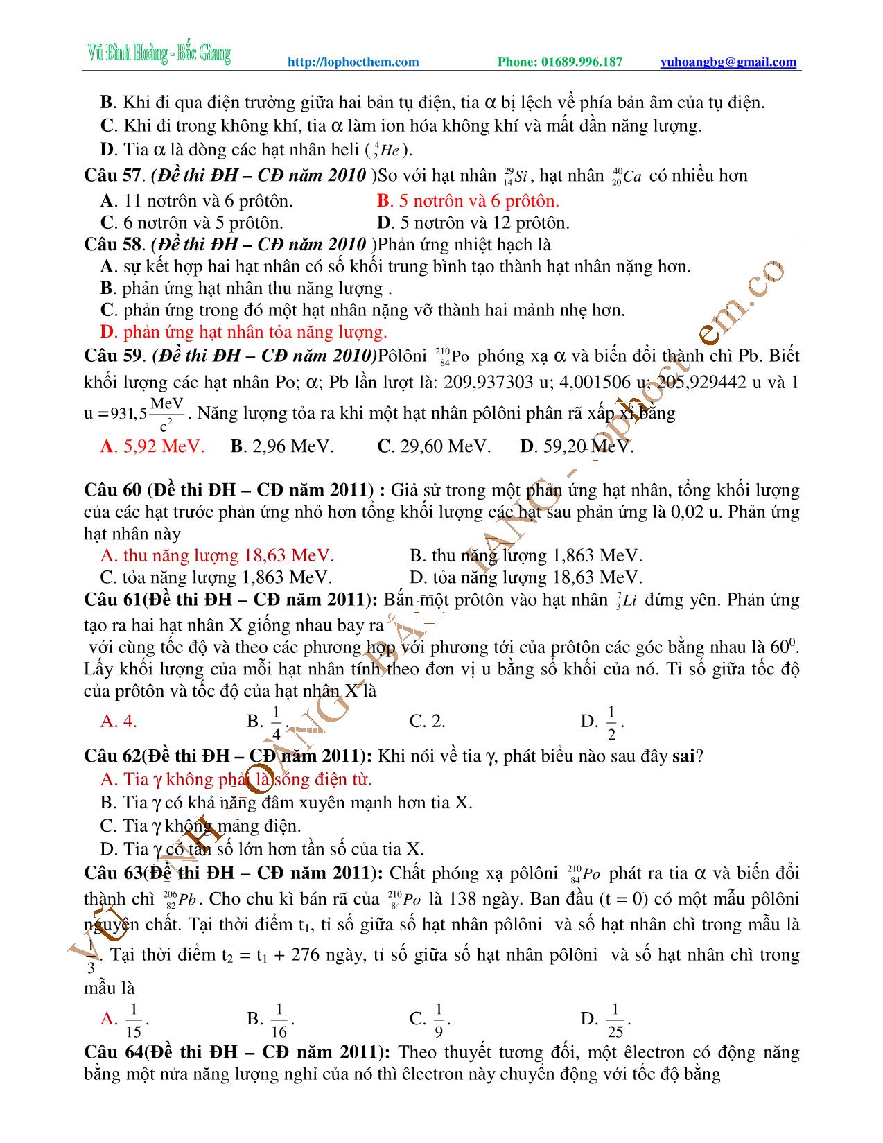 Tài liệu luyện thi THPT Quốc gia môn Vật lý - Chương 9, Chủ đề 5: Ôn tập tổng hợp Phóng xạ & hạt nhân - Vũ Đình Hoàng trang 8