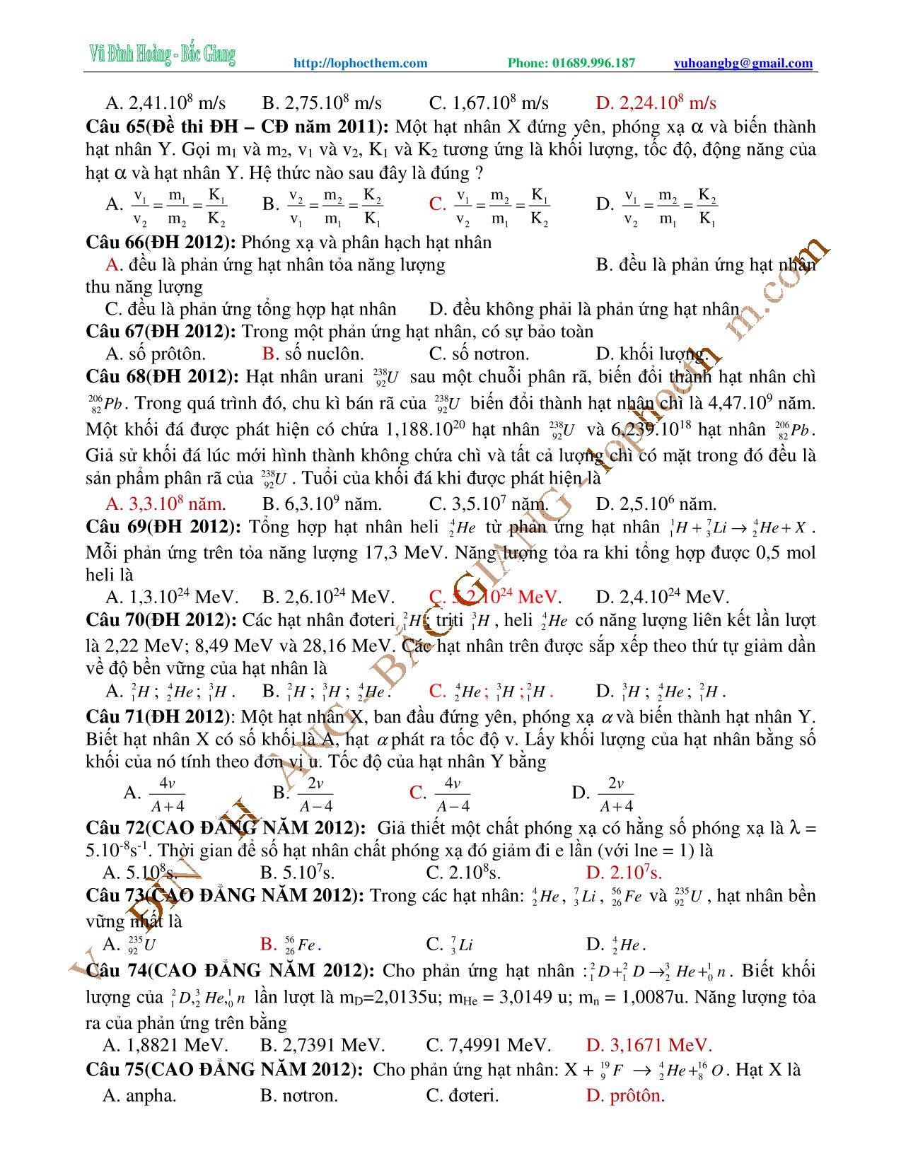 Tài liệu luyện thi THPT Quốc gia môn Vật lý - Chương 9, Chủ đề 5: Ôn tập tổng hợp Phóng xạ & hạt nhân - Vũ Đình Hoàng trang 9