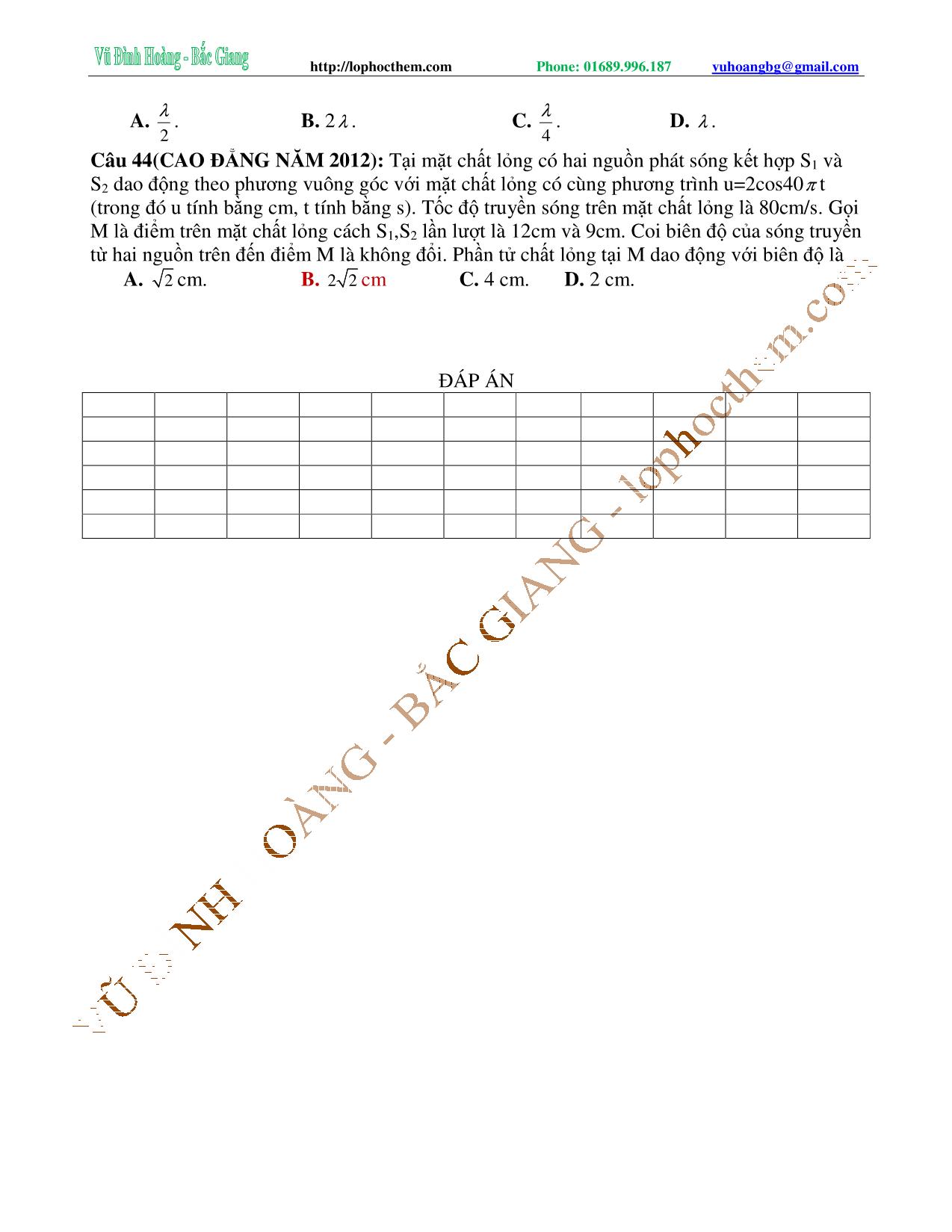 Tài liệu luyện thi THPT Quốc gia môn Vật lý - Chương 3, Chủ đề 5: Ôn tập Sóng cơ học - Vũ Đình Hoàng trang 6