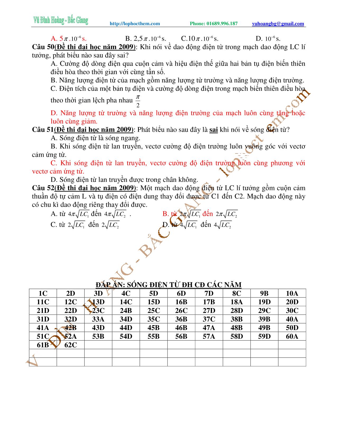 Tài liệu luyện thi THPT Quốc gia môn Vật lý - Chương 5, Chủ đề 3: Ôn tập Mạch dao động & Sóng điện từ - Vũ Đình Hoàng trang 10