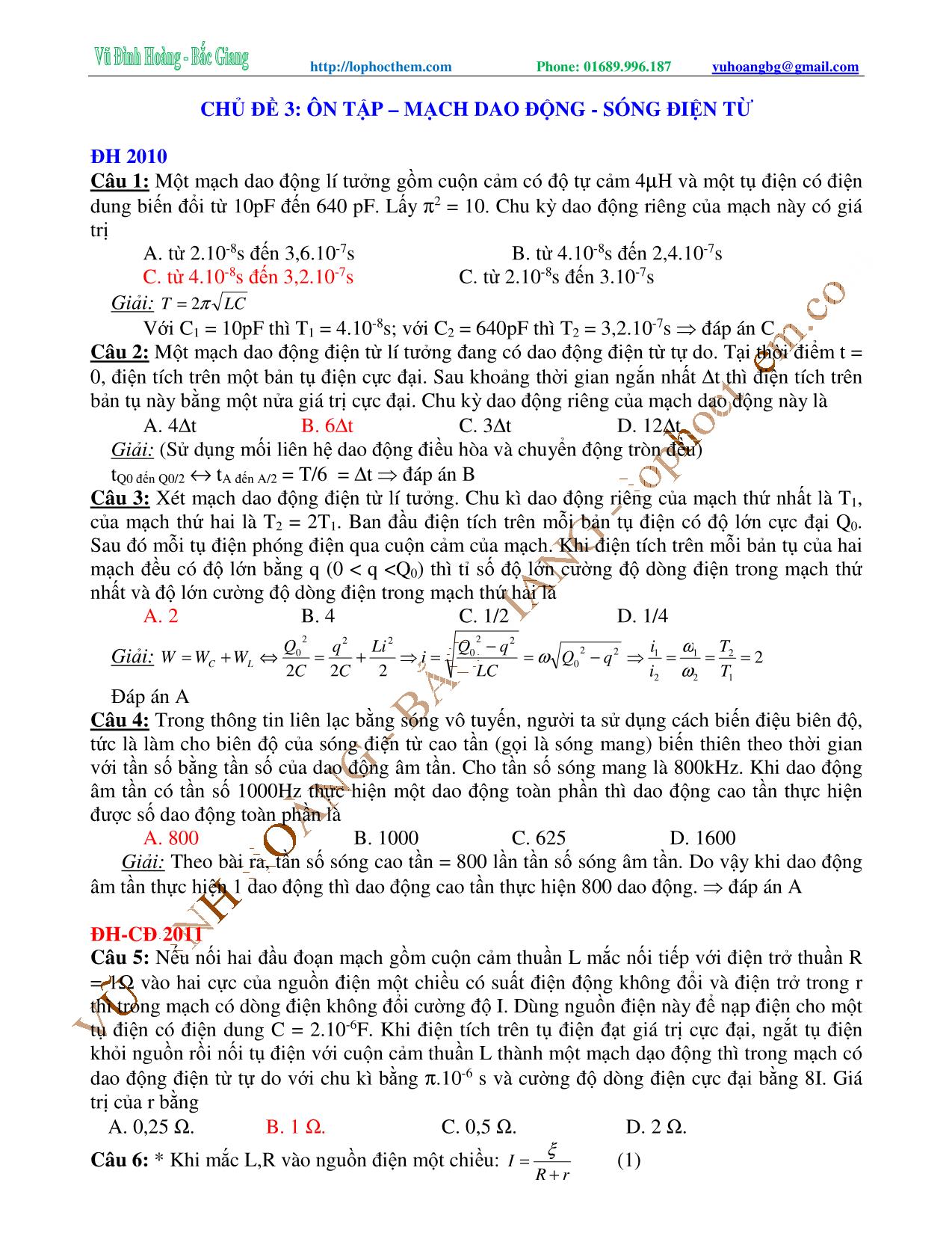 Tài liệu luyện thi THPT Quốc gia môn Vật lý - Chương 5, Chủ đề 3: Ôn tập Mạch dao động & Sóng điện từ - Vũ Đình Hoàng trang 1