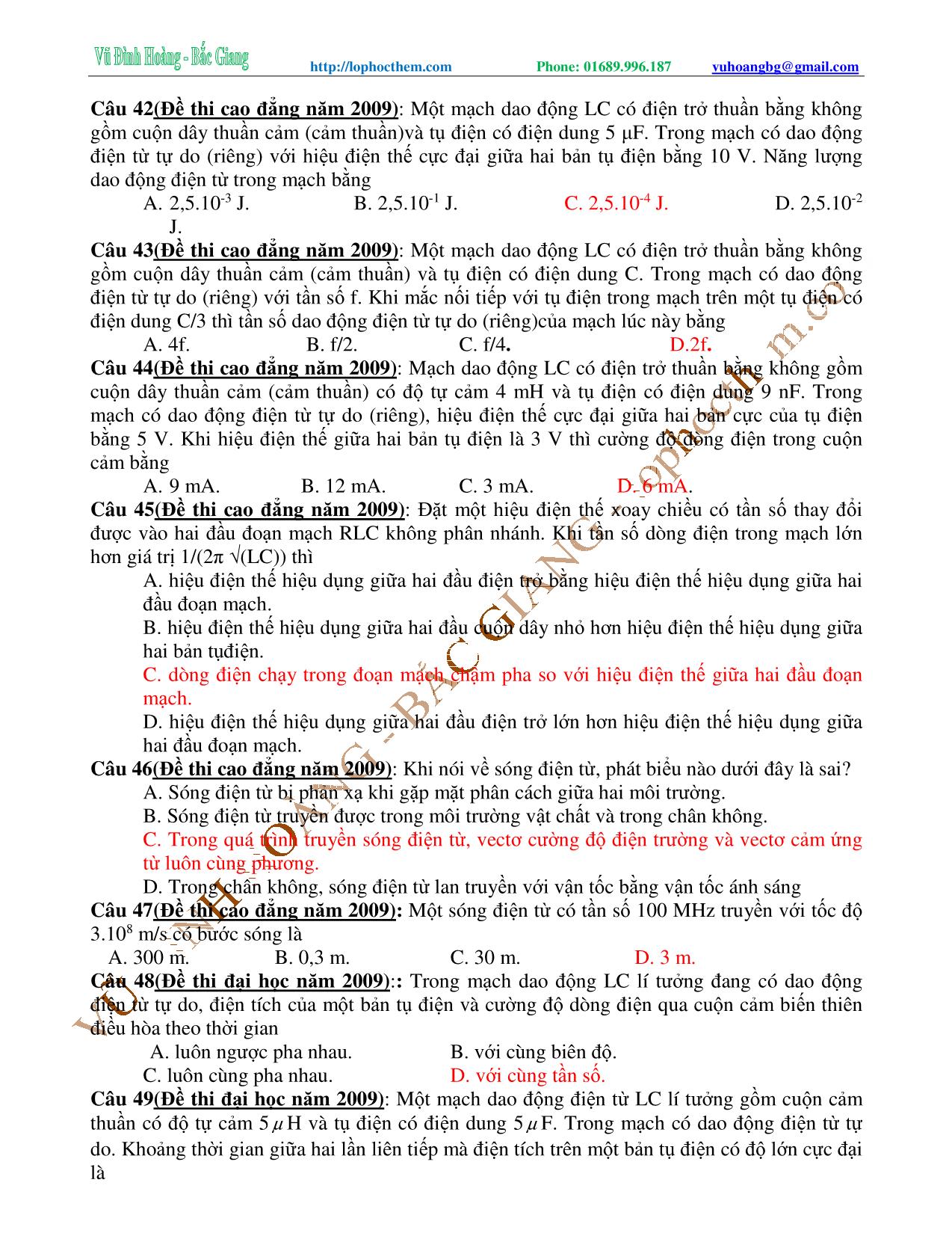 Tài liệu luyện thi THPT Quốc gia môn Vật lý - Chương 5, Chủ đề 3: Ôn tập Mạch dao động & Sóng điện từ - Vũ Đình Hoàng trang 9