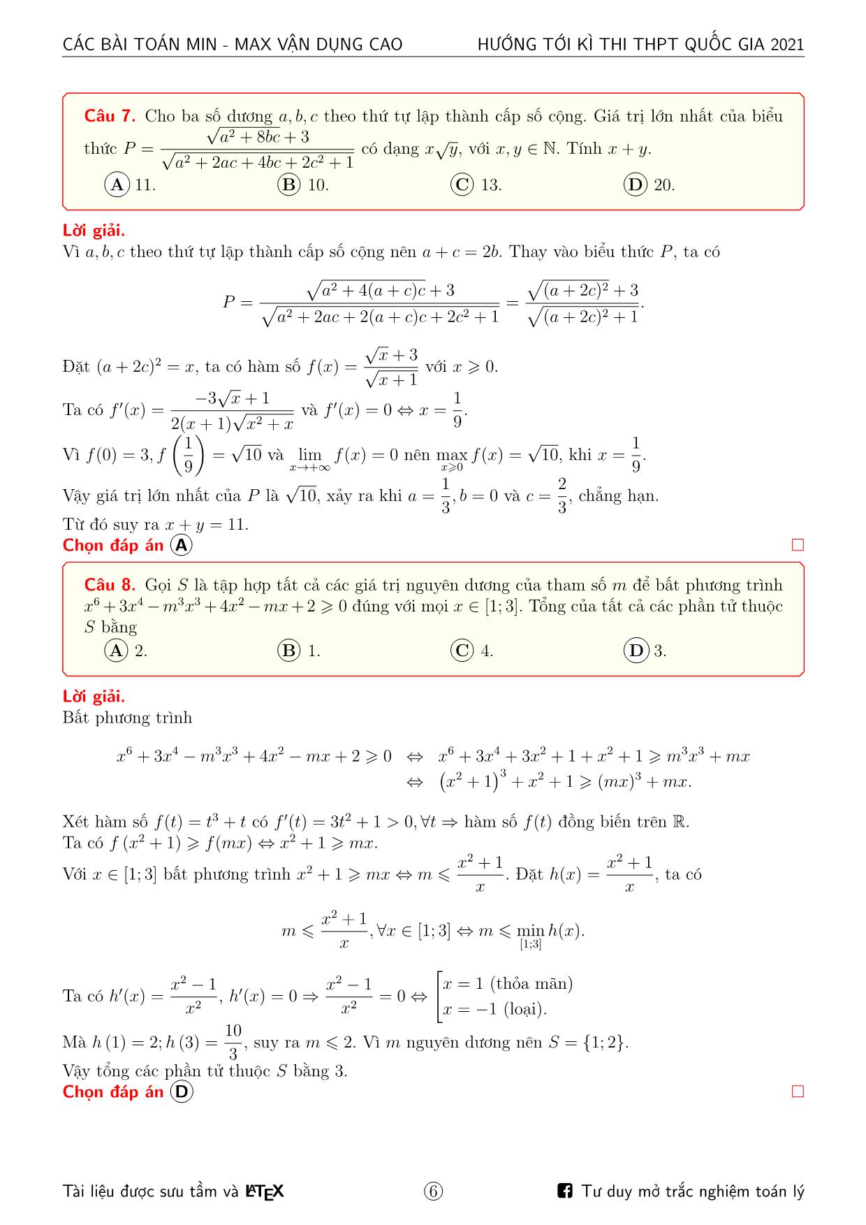 Hướng tới kỳ thi THPT Quốc gia 2021 môn Toán - Các bài toán min-max vận dụng cao trang 6