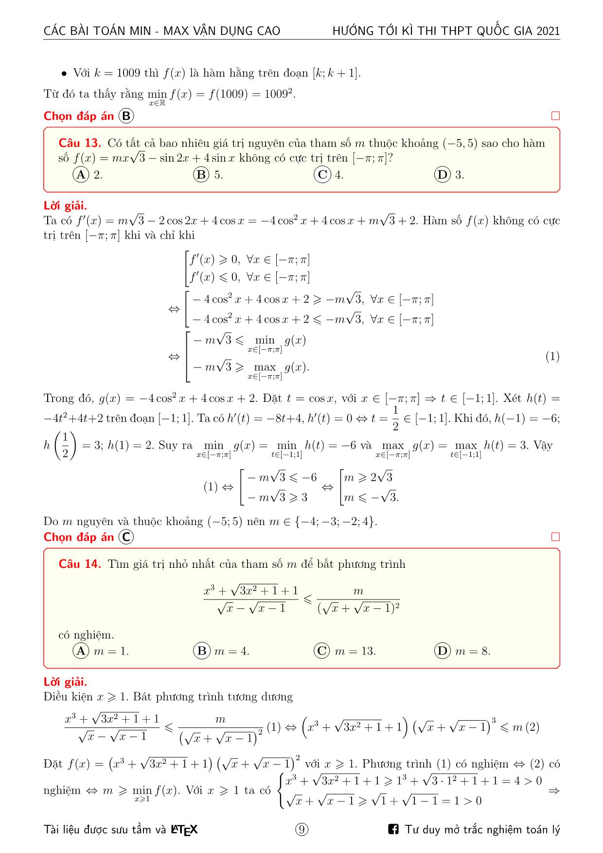 Hướng tới kỳ thi THPT Quốc gia 2021 môn Toán - Các bài toán min-max vận dụng cao trang 9