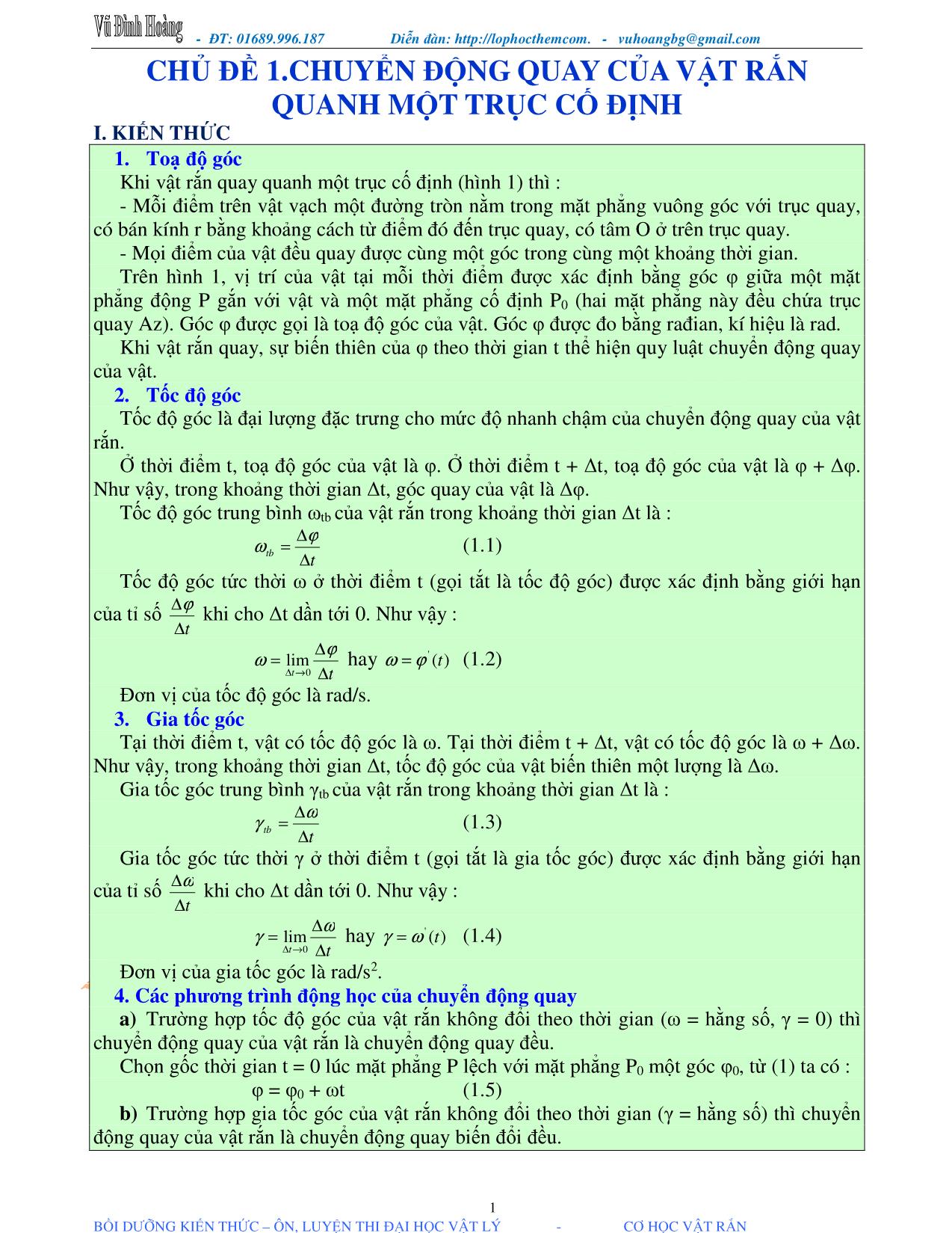 Tài liệu luyện thi THPT Quốc gia môn Vật lý - Chương 1, Chủ đề 1: Chuyển động quay của vật rắn quanh một trục cố định - Vũ Đình Hoàng trang 1