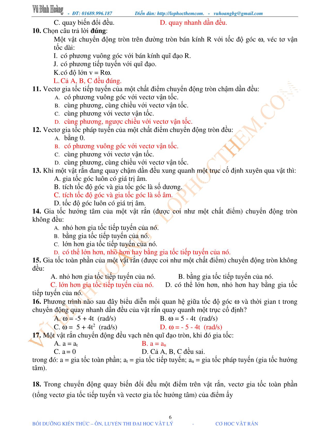 Tài liệu luyện thi THPT Quốc gia môn Vật lý - Chương 1, Chủ đề 1: Chuyển động quay của vật rắn quanh một trục cố định - Vũ Đình Hoàng trang 6