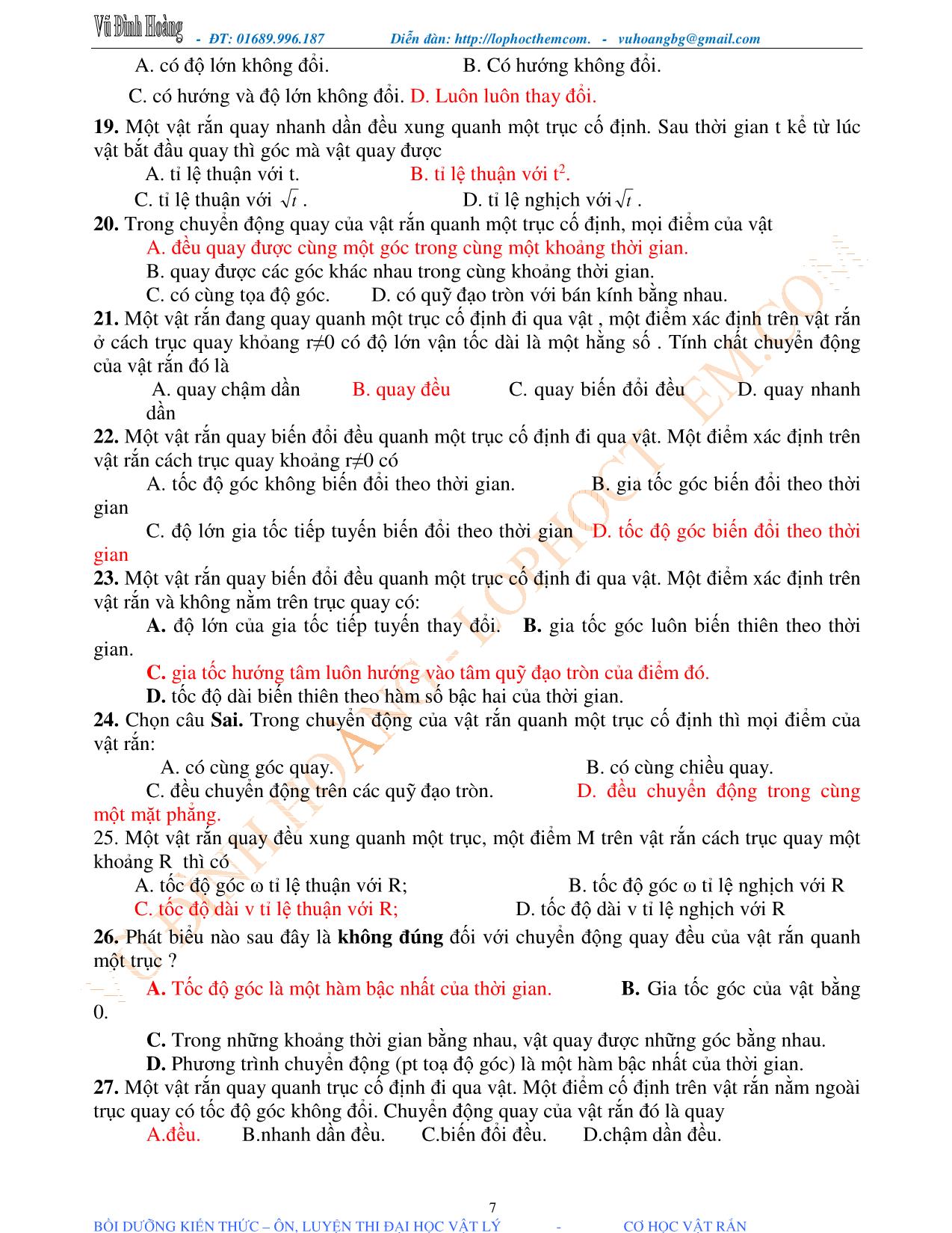 Tài liệu luyện thi THPT Quốc gia môn Vật lý - Chương 1, Chủ đề 1: Chuyển động quay của vật rắn quanh một trục cố định - Vũ Đình Hoàng trang 7