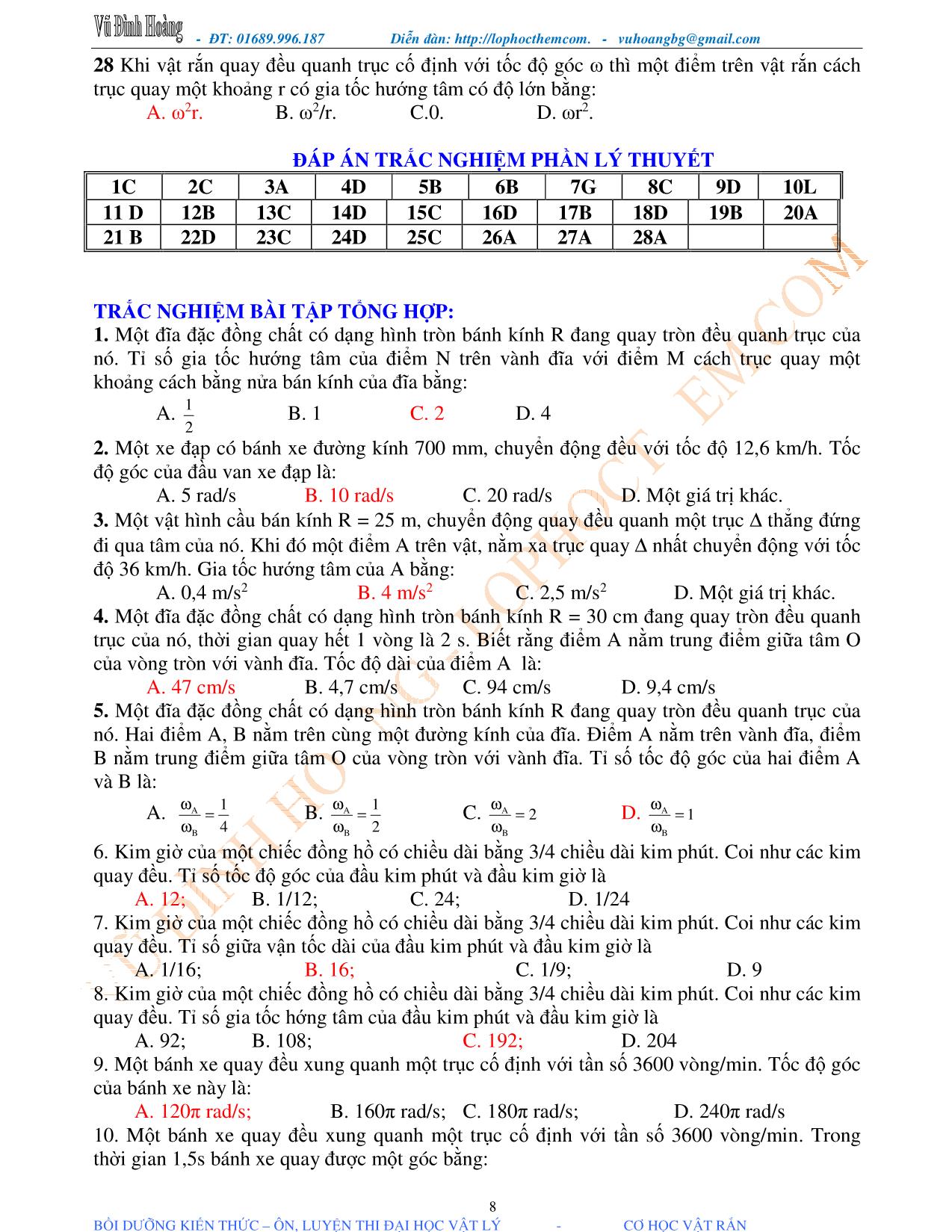 Tài liệu luyện thi THPT Quốc gia môn Vật lý - Chương 1, Chủ đề 1: Chuyển động quay của vật rắn quanh một trục cố định - Vũ Đình Hoàng trang 8