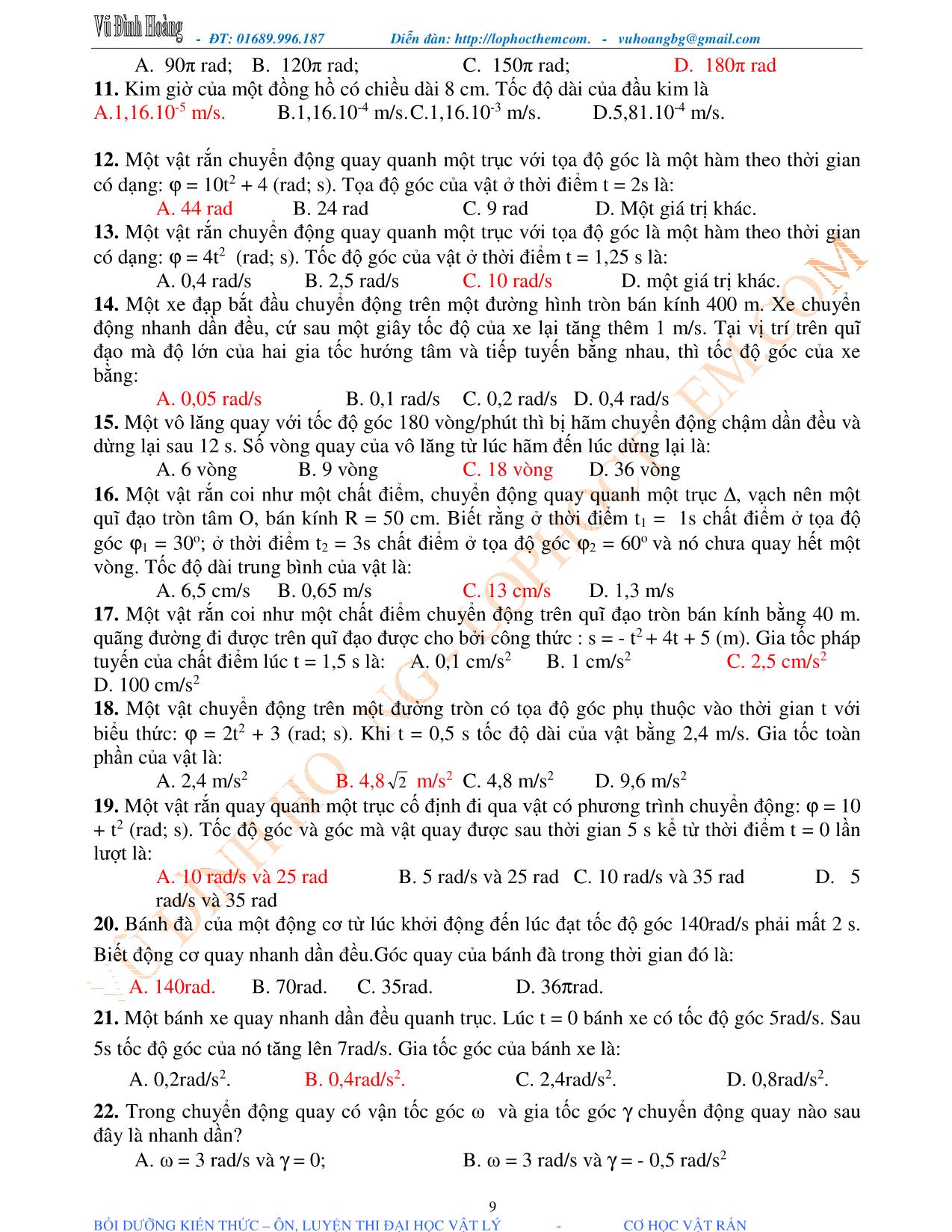 Tài liệu luyện thi THPT Quốc gia môn Vật lý - Chương 1, Chủ đề 1: Chuyển động quay của vật rắn quanh một trục cố định - Vũ Đình Hoàng trang 9
