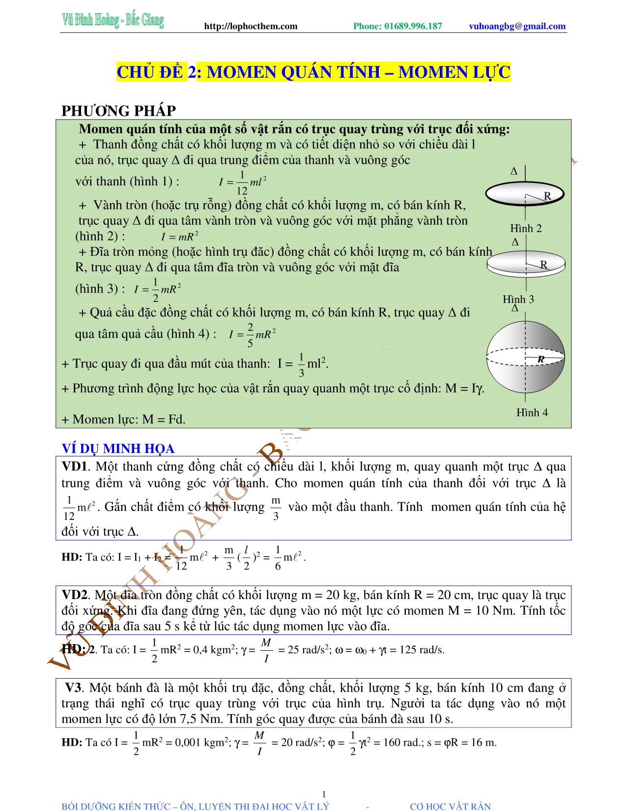 Tài liệu luyện thi THPT Quốc gia môn Vật lý - Chương 1, Chủ đề 2: Momen quán tính & Momen lực - Vũ Đình Hoàng trang 1
