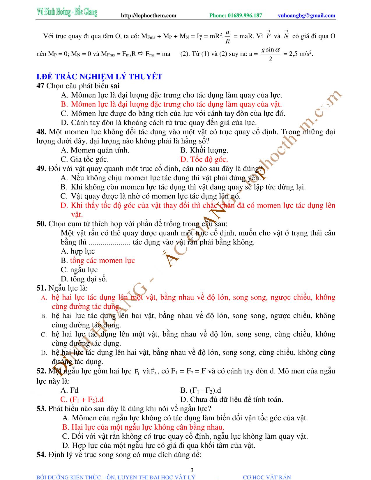 Tài liệu luyện thi THPT Quốc gia môn Vật lý - Chương 1, Chủ đề 2: Momen quán tính & Momen lực - Vũ Đình Hoàng trang 3