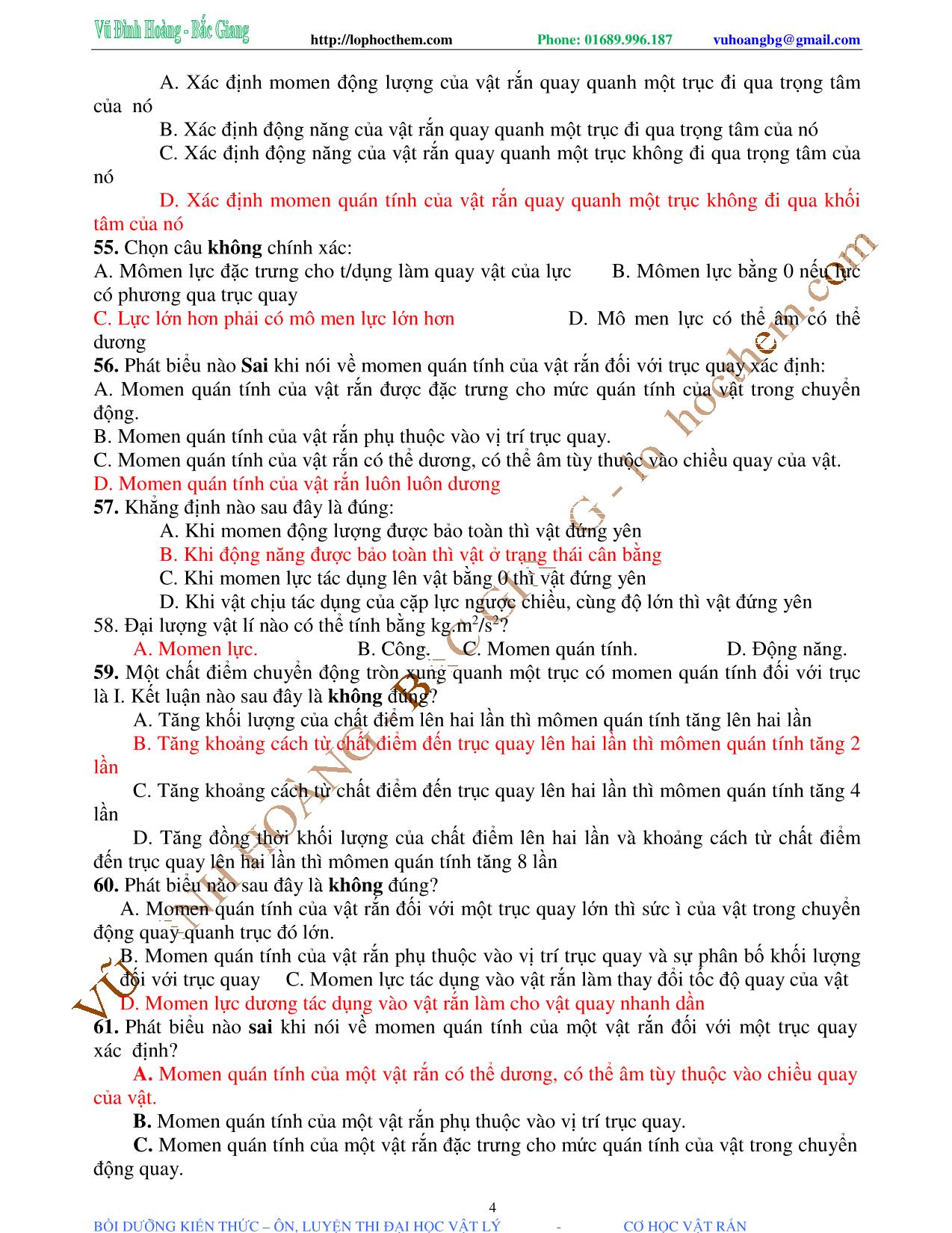 Tài liệu luyện thi THPT Quốc gia môn Vật lý - Chương 1, Chủ đề 2: Momen quán tính & Momen lực - Vũ Đình Hoàng trang 4