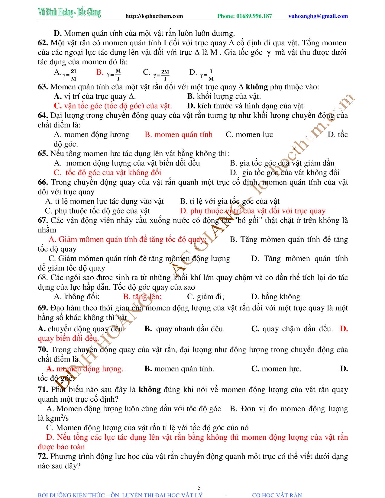 Tài liệu luyện thi THPT Quốc gia môn Vật lý - Chương 1, Chủ đề 2: Momen quán tính & Momen lực - Vũ Đình Hoàng trang 5