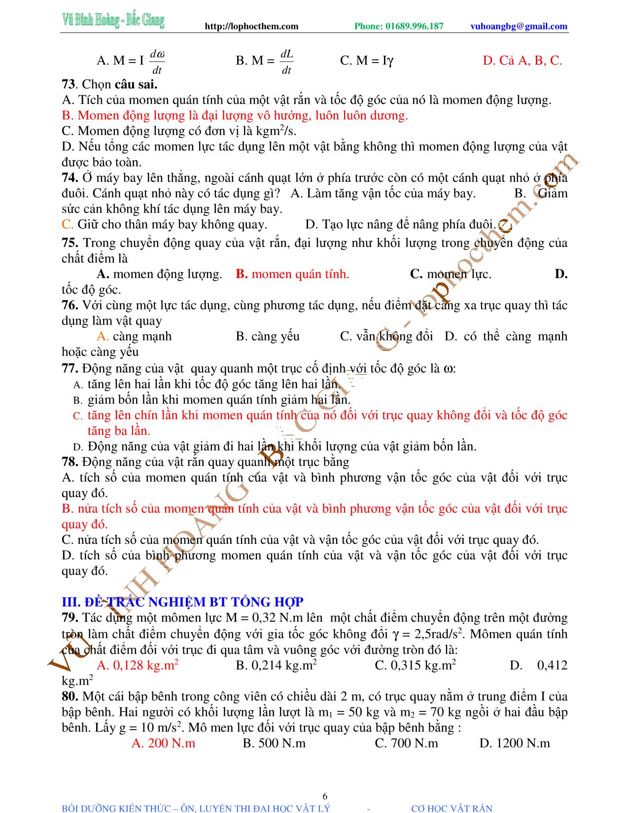 Tài liệu luyện thi THPT Quốc gia môn Vật lý - Chương 1, Chủ đề 2: Momen quán tính & Momen lực - Vũ Đình Hoàng trang 6