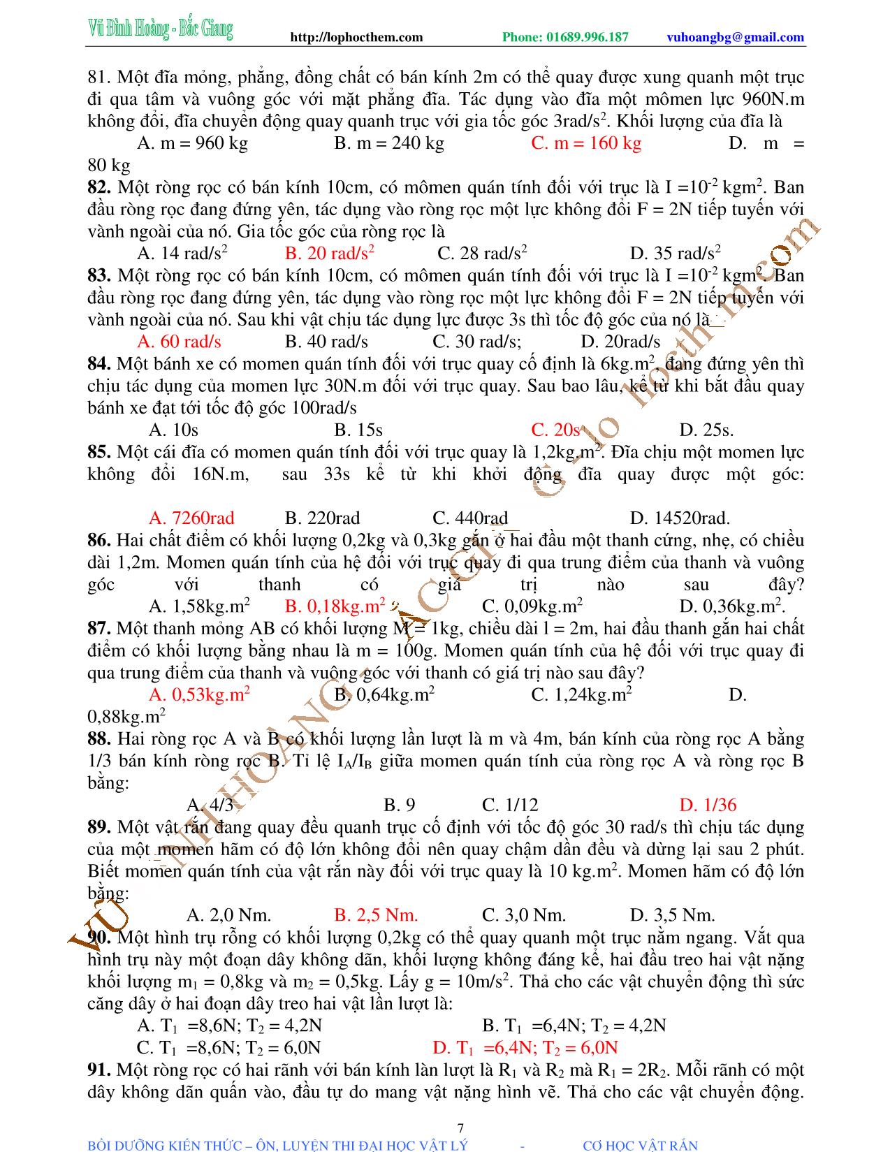 Tài liệu luyện thi THPT Quốc gia môn Vật lý - Chương 1, Chủ đề 2: Momen quán tính & Momen lực - Vũ Đình Hoàng trang 7