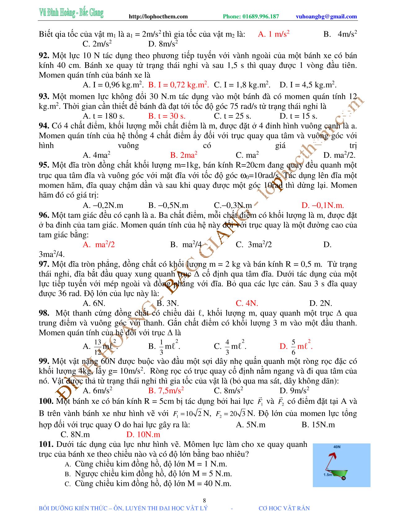 Tài liệu luyện thi THPT Quốc gia môn Vật lý - Chương 1, Chủ đề 2: Momen quán tính & Momen lực - Vũ Đình Hoàng trang 8