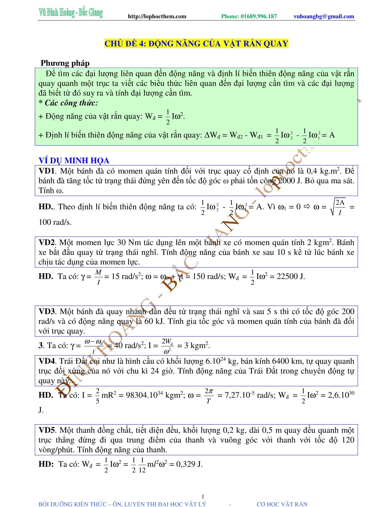 Tài liệu luyện thi THPT Quốc gia môn Vật lý - Chương 1, Chủ đề 4: Động năng của vật rắn quay - Vũ Đình Hoàng trang 1