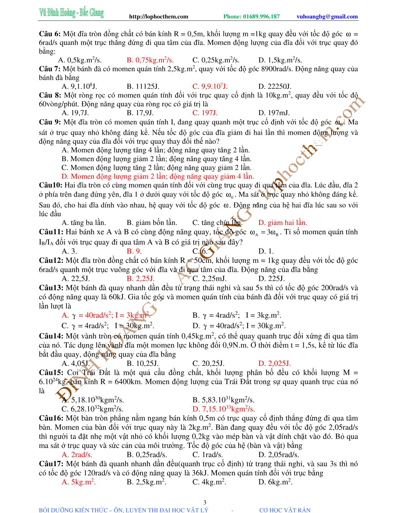 Tài liệu luyện thi THPT Quốc gia môn Vật lý - Chương 1, Chủ đề 4: Động năng của vật rắn quay - Vũ Đình Hoàng trang 3